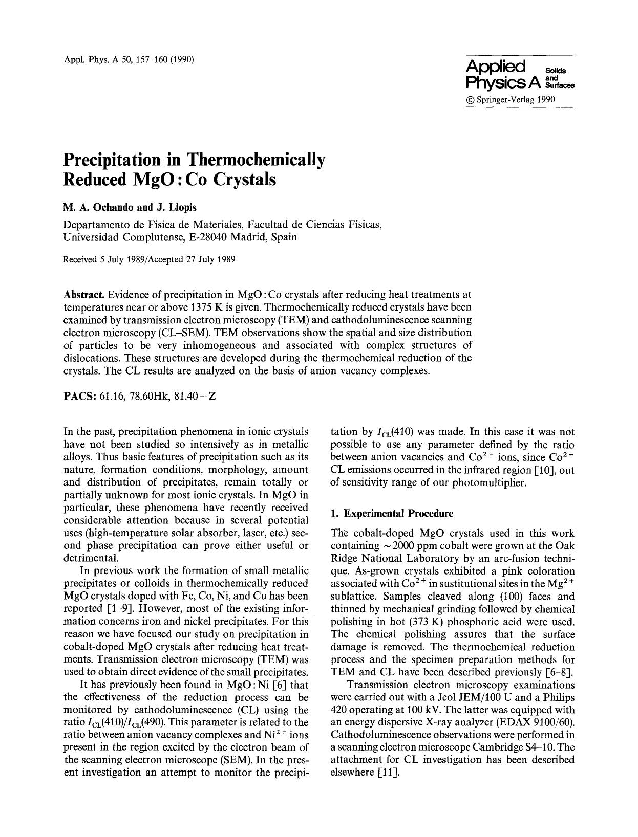 Precipitation in thermochemically reduced MgO:Co crystals by Unknown