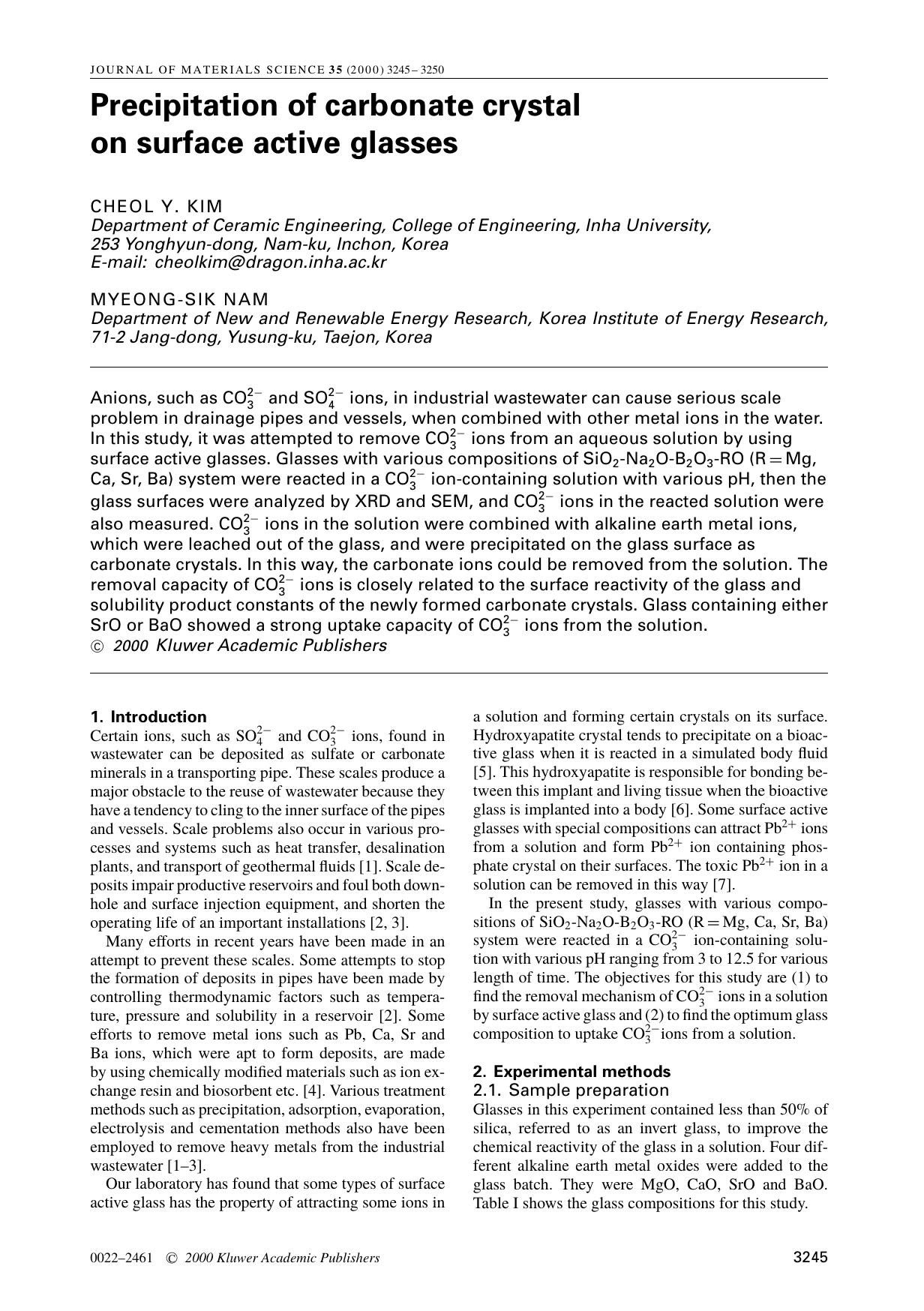 Precipitation of carbonate crystal on surface active glasses by Unknown