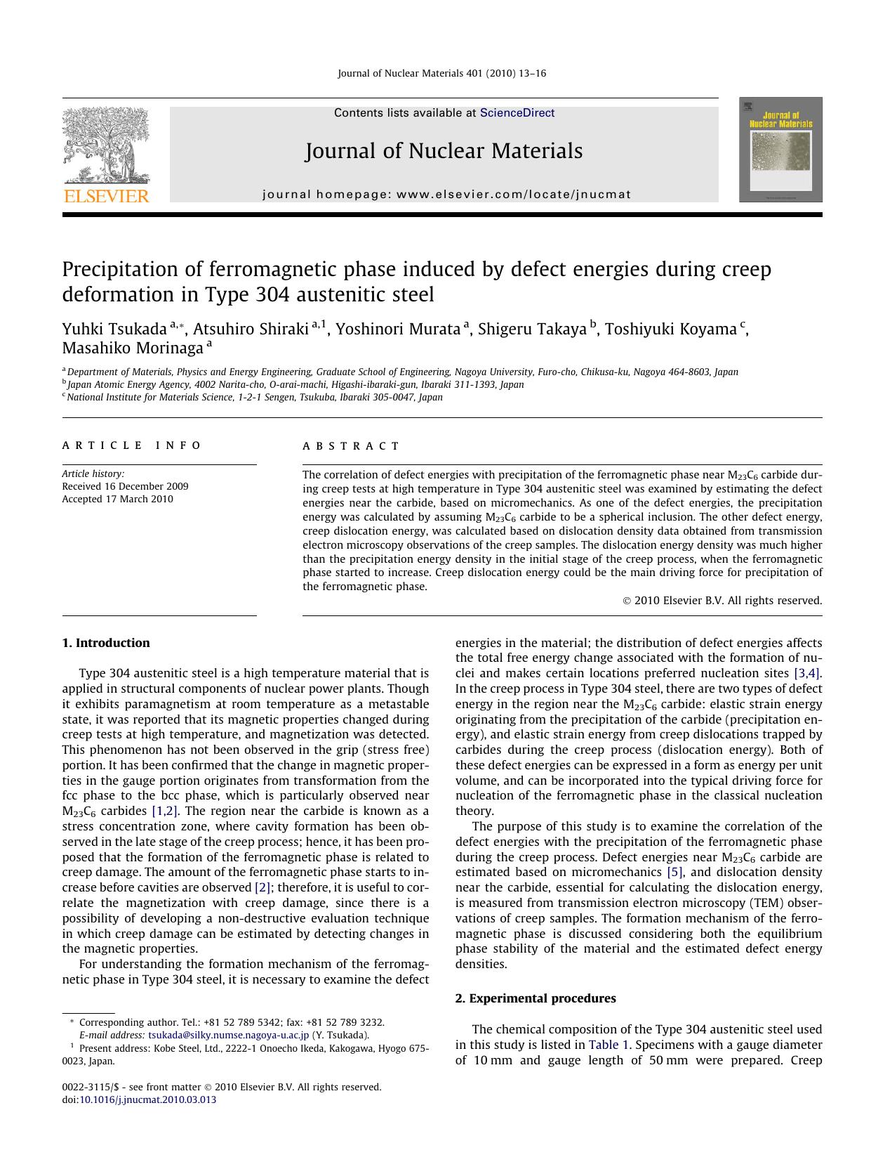 Precipitation of ferromagnetic phase induced by defect energies during creep deformation in Type 304 austenitic steel by unknow