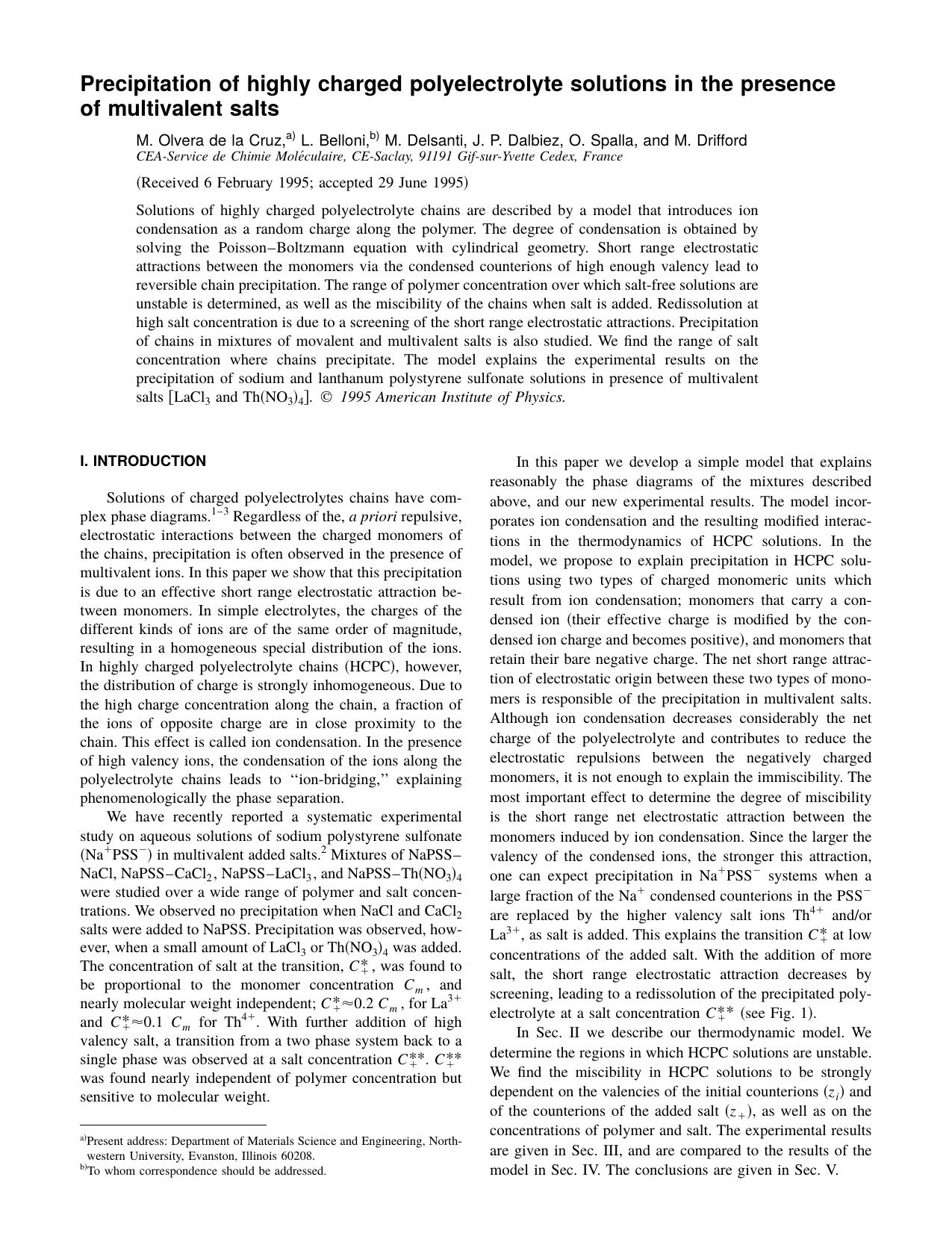 Precipitation of highly charged polyelectrolyte solutions in the presence of multivalent salts by M. Olvera de la Cruz & L. Belloni & M. Delsanti & J. P. Dalbiez & O. Spalla & and M. Drifford