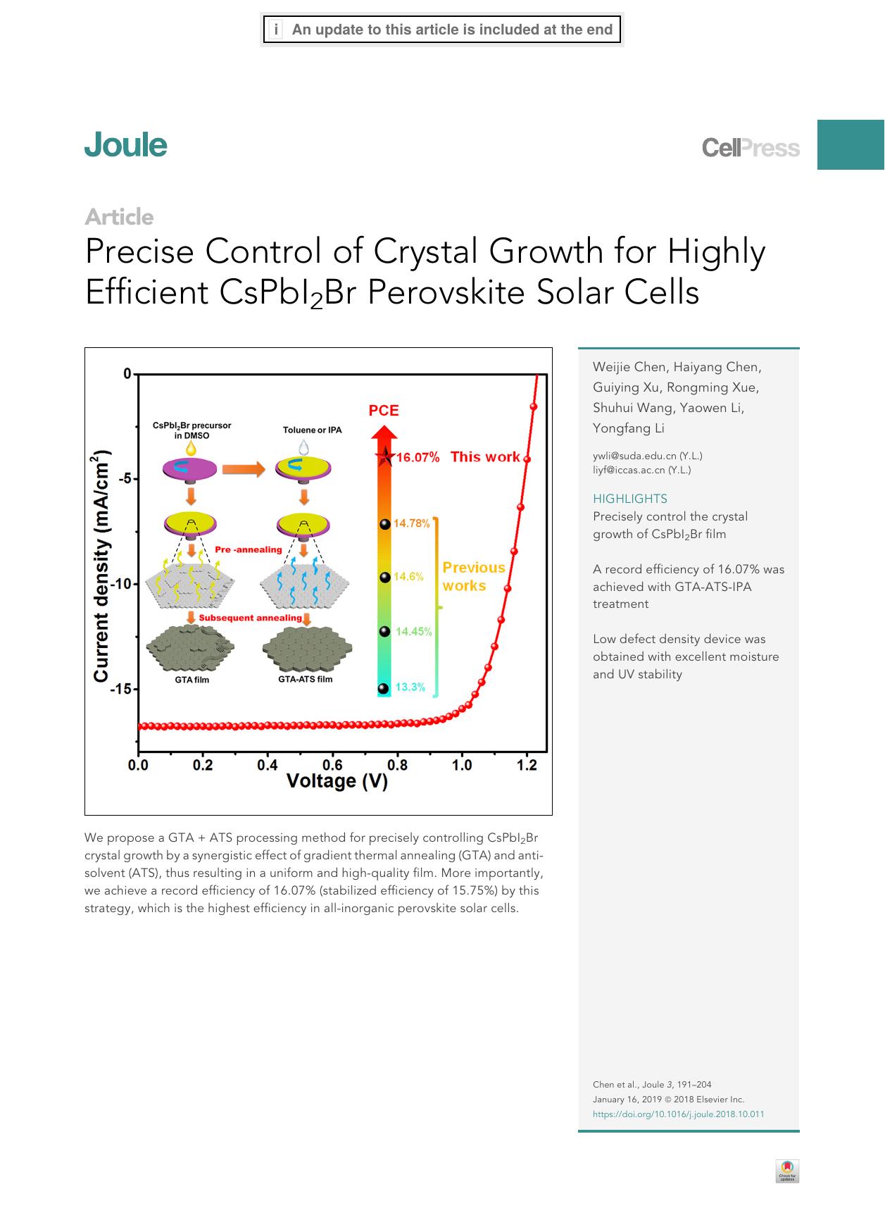 Precise Control of Crystal Growth for Highly Efficient CsPbI2Br Perovskite Solar Cells by Weijie Chen & Haiyang Chen & Guiying Xu & Rongming Xue & Shuhui Wang & Yaowen Li & Yongfang Li