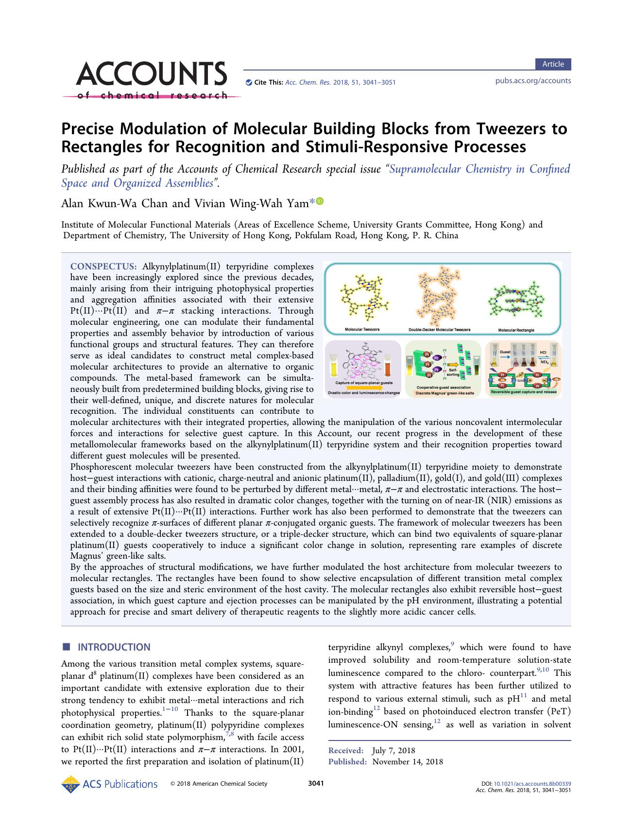 Precise Modulation of Molecular Building Blocks from Tweezers to Rectangles for Recognition and Stimuli-Responsive Processes by Alan Kwun-Wa Chan; Vivian Wing-Wah Yam & Vivian Wing-Wah Yam