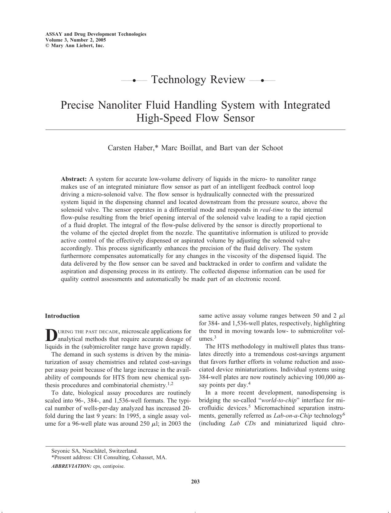 Precise Nanoliter Fluid Handling System with Integrated High-Speed Flow Sensor by Carsten Haber Marc Boillat Bart van der Schoot Ph.D
