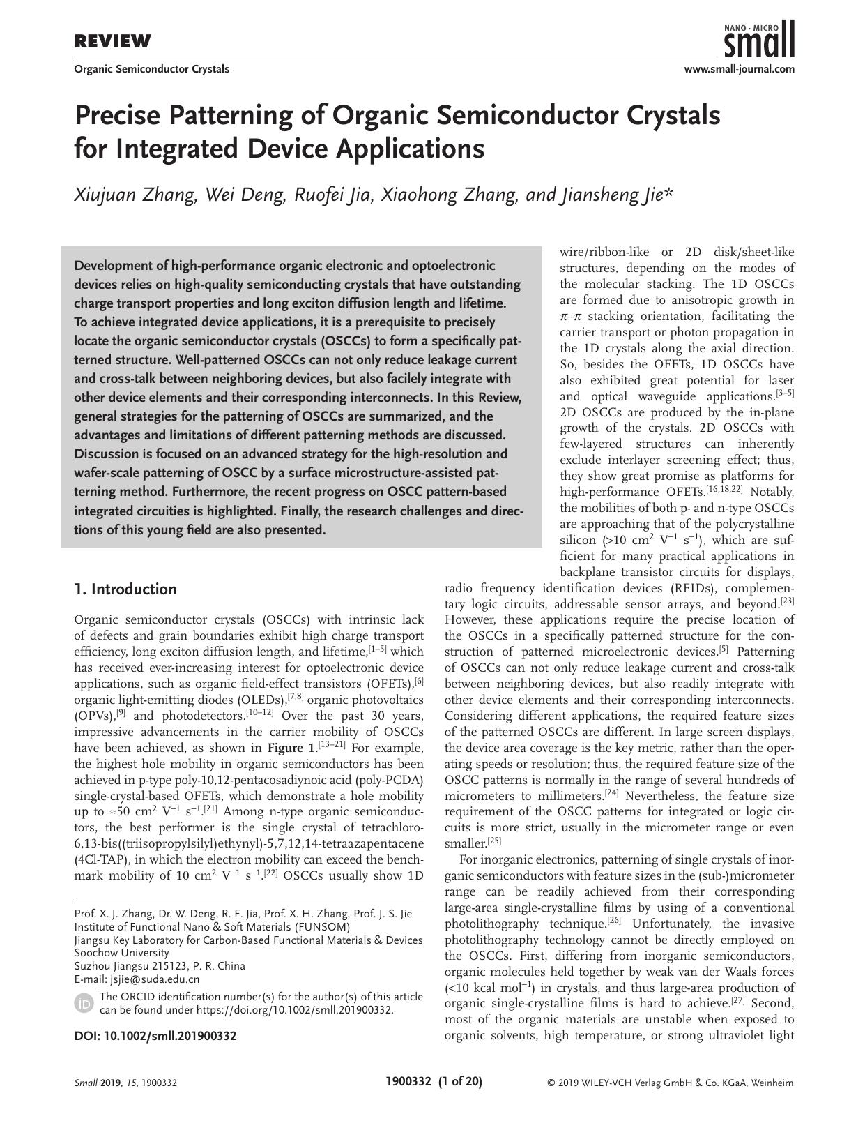 Precise Patterning of Organic Semiconductor Crystals for Integrated Device Applications by Unknown