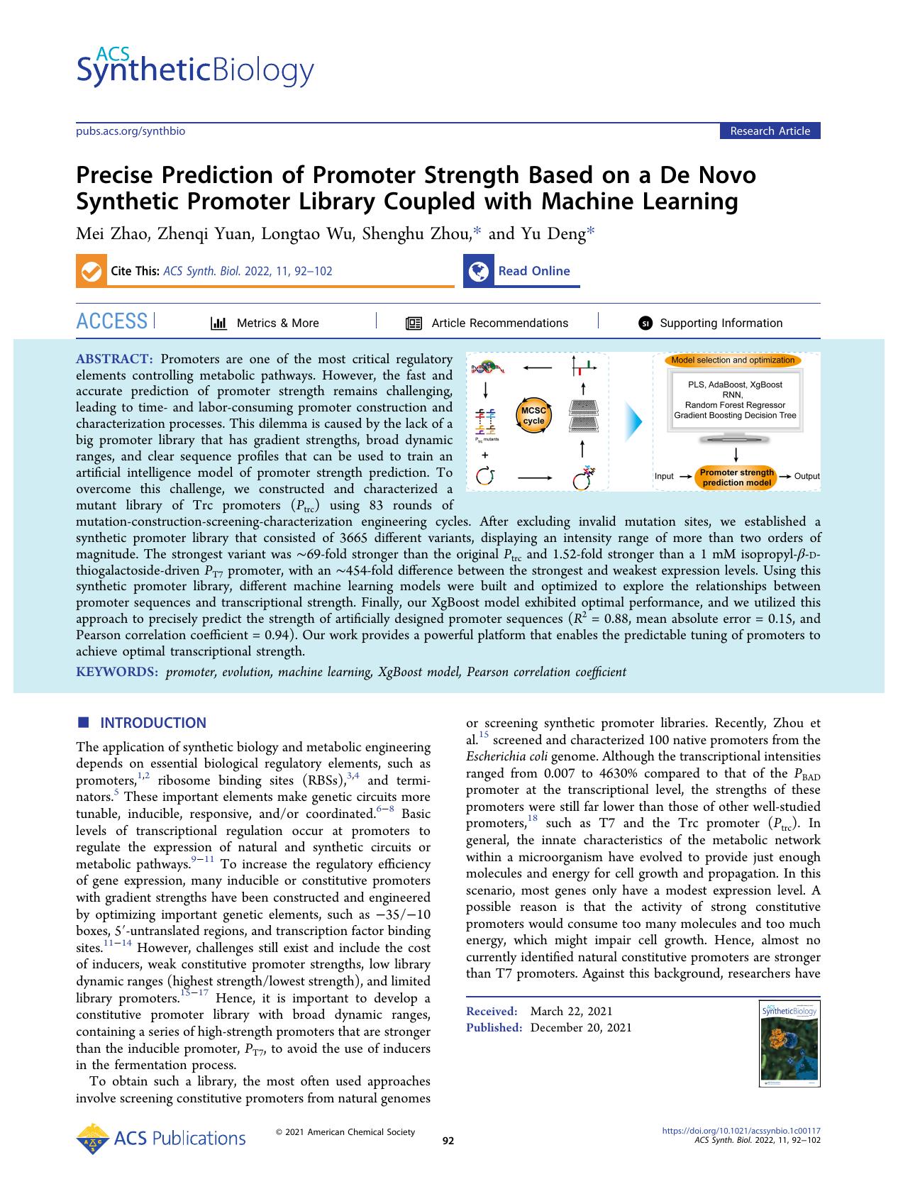 Precise Prediction of Promoter Strength Based on a De Novo Synthetic Promoter Library Coupled with Machine Learning by Mei Zhao Zhenqi Yuan Longtao Wu Shenghu Zhou and Yu Deng