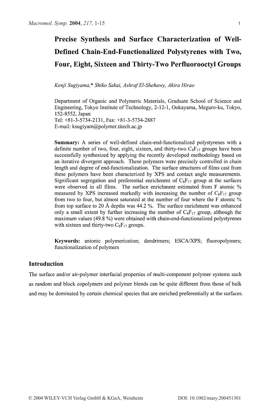 Precise Synthesis and Surface Characterization of Well-Defined Chain-End-Functionalized Polystyrenes with Two, Four, Eight, Sixteen and Thirty-Two Perfluorooctyl Groups by Unknown