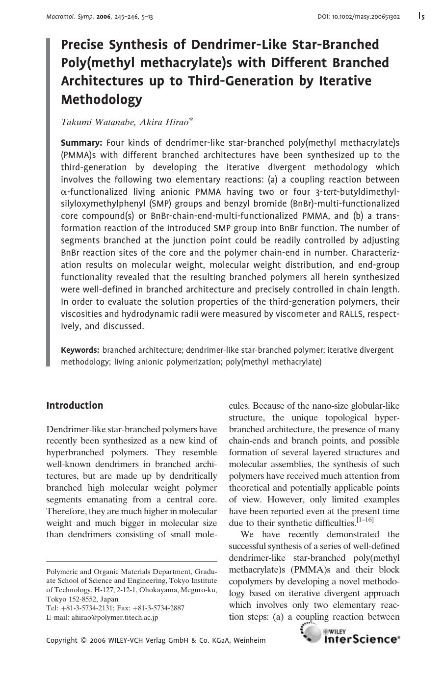 Precise Synthesis of Dendrimer-Like Star-Branched Poly(methyl methacrylate)s with Different Branched Architectures up to Third-Generation by Iterative Methodology by Unknown