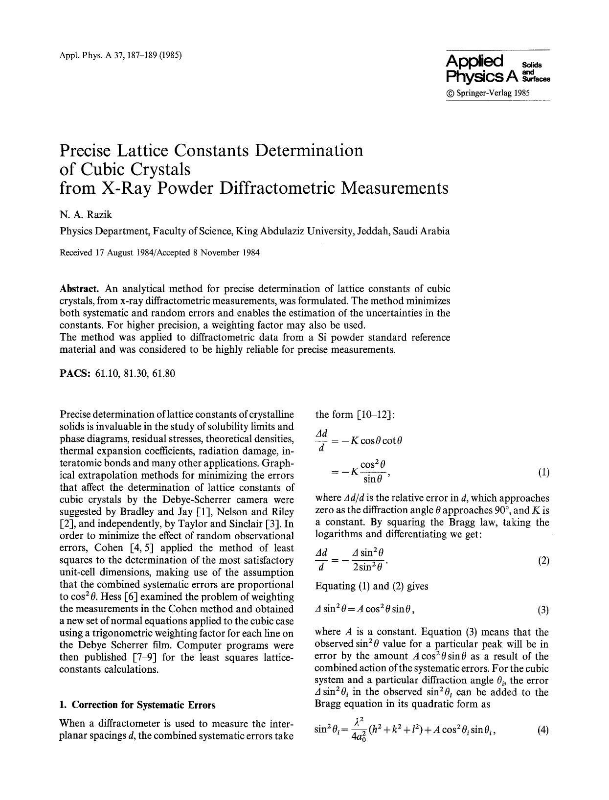 Precise lattice constants determination of cubic crystals from x-ray powder diffractometric measurements by Unknown