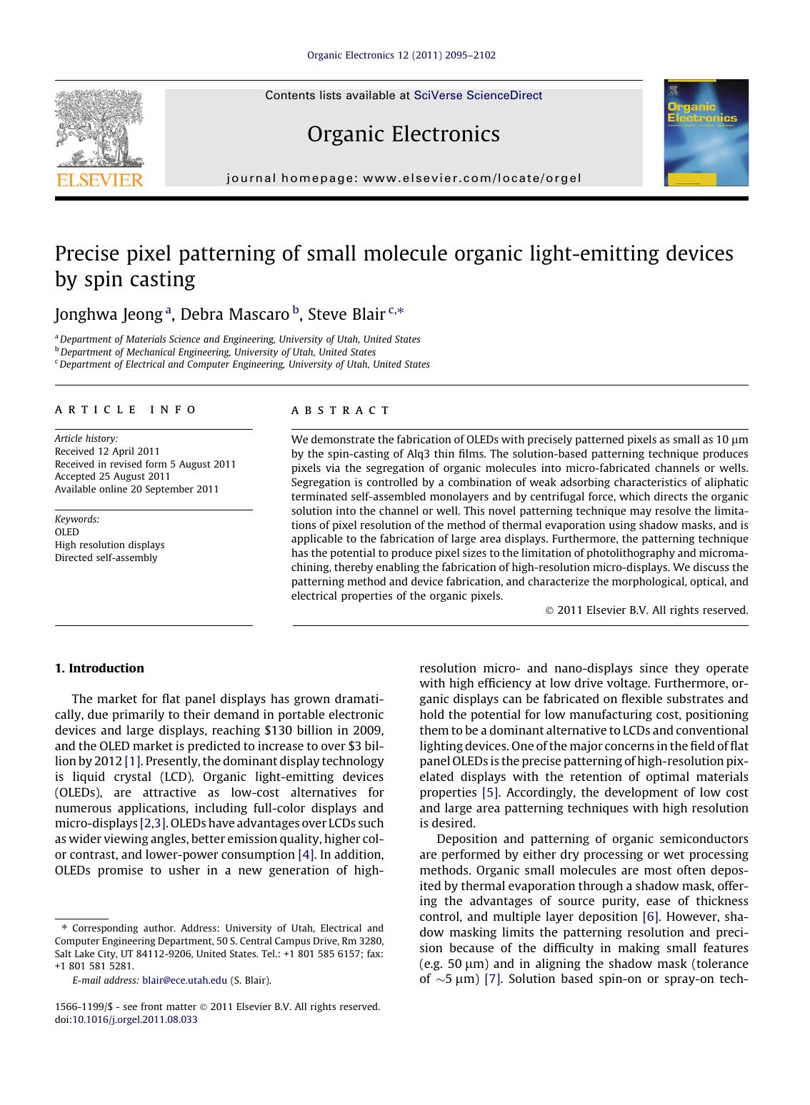 Precise pixel patterning of small molecule organic light-emitting devices by spin casting by Jonghwa Jeong & Debra Mascaro & Steve Blair