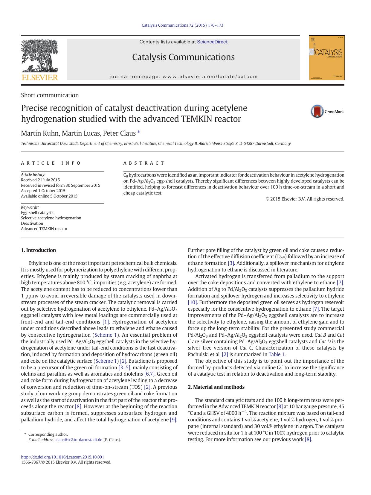 Precise recognition of catalyst deactivation during acetylene hydrogenation studied with the advanced TEMKIN reactor by Martin Kuhn & Martin Lucas & Peter Claus