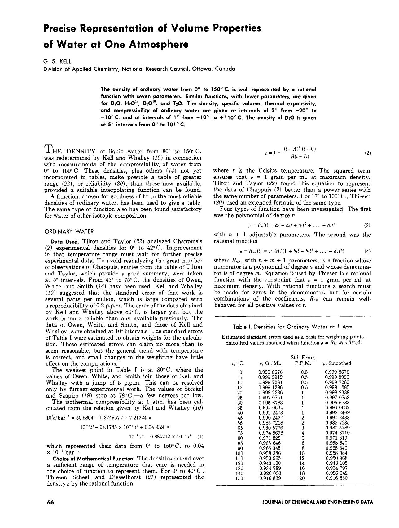 Precise representation of volume properties of water at one atmosphere by G. S. Kell