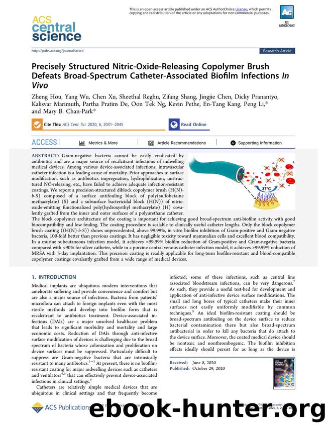 Precisely Structured Nitric-Oxide-Releasing Copolymer Brush Defeats Broad-Spectrum Catheter-Associated Biofilm Infections In Vivo by unknow
