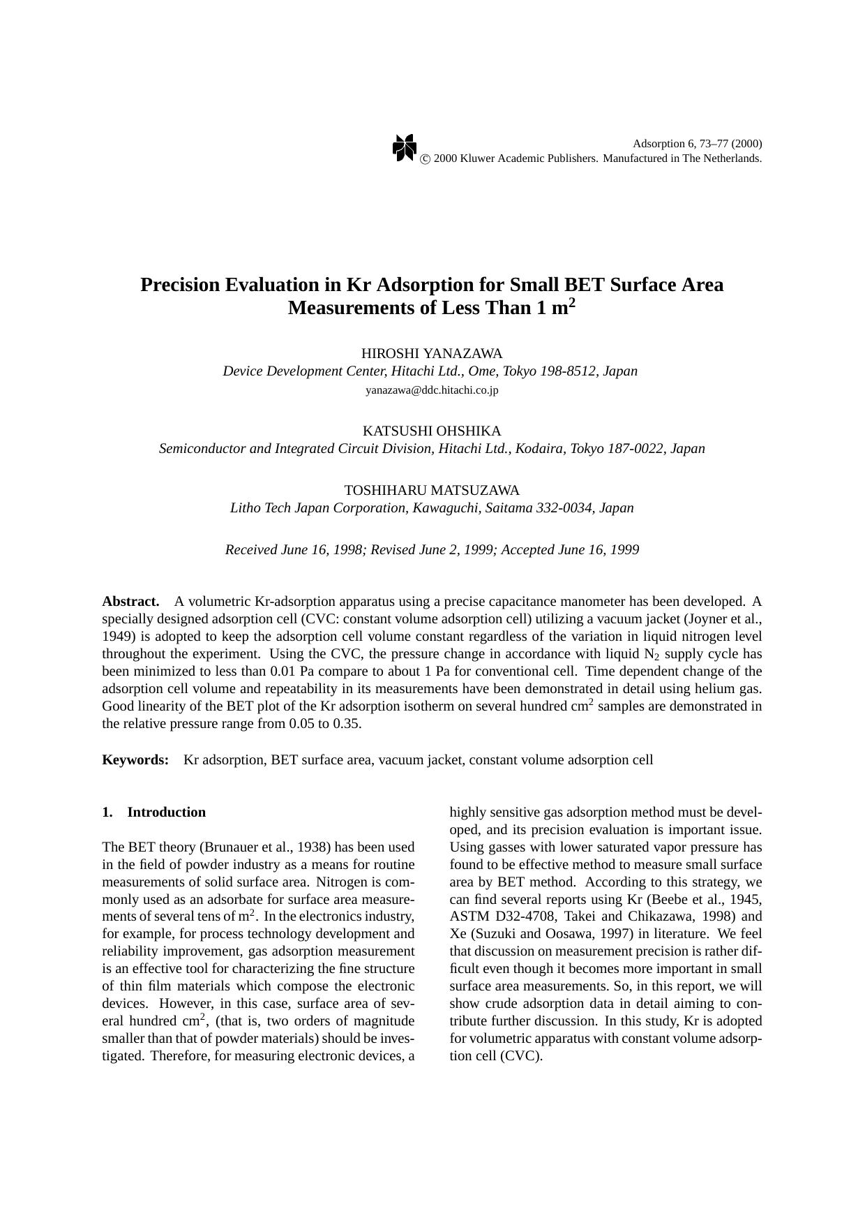 Precision Evaluation in Kr Adsorption for Small BET Surface Area Measurements of Less Than 1 m2 by Unknown