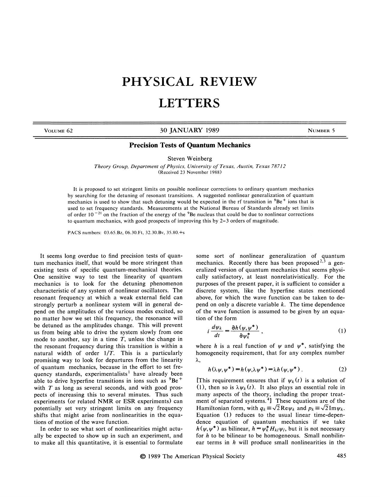 Precision Tests of Quantum Mechanics by Steven Weinberg