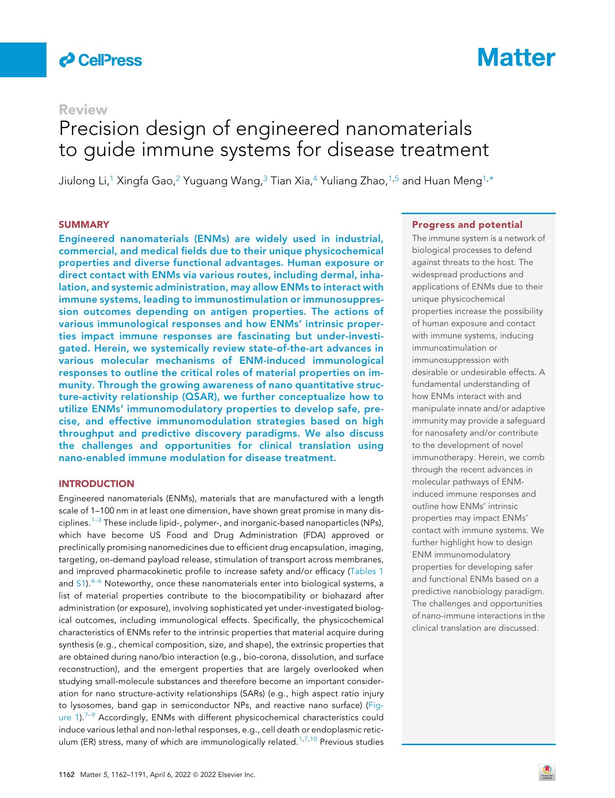 Precision design of engineered nanomaterials to guide immune systems for disease treatment by Jiulong Li & Xingfa Gao & Yuguang Wang & Tian Xia & Yuliang Zhao & Huan Meng