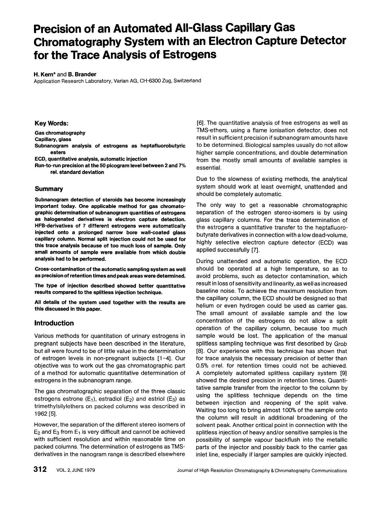 Precision of an automated all-glass capillary gas chromatography system with an electron capture detector for the trace analysis of estrogens by Unknown