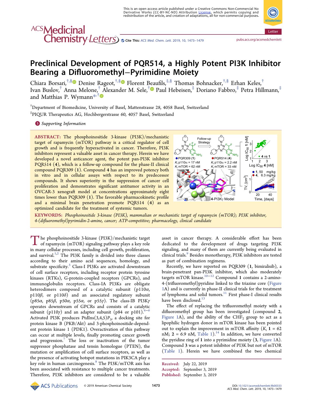Preclinical Development of PQR514, a Highly Potent PI3K Inhibitor Bearing a DifluoromethylâPyrimidine Moiety by unknow