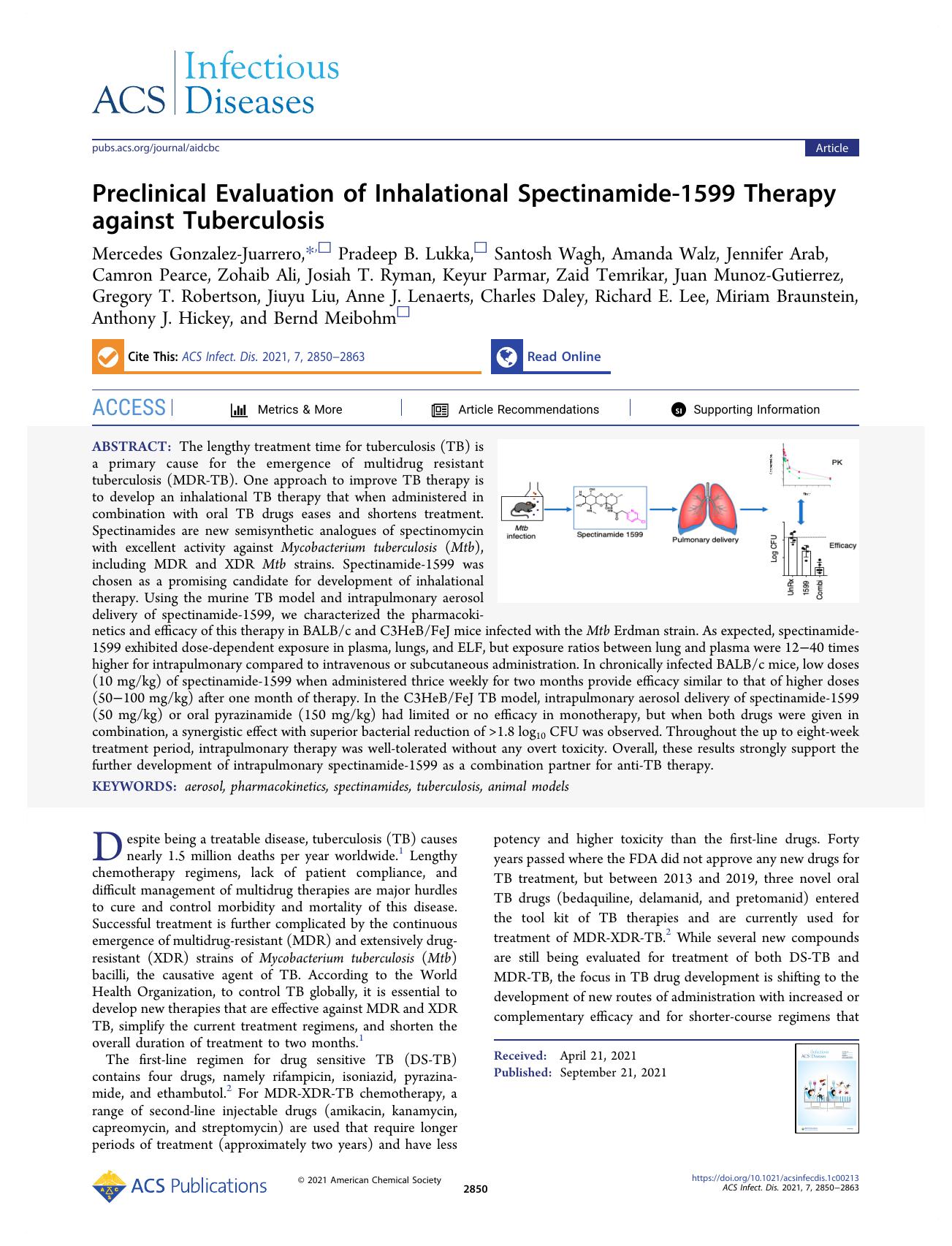 Preclinical Evaluation of Inhalational Spectinamide-1599 Therapy against Tuberculosis by unknow