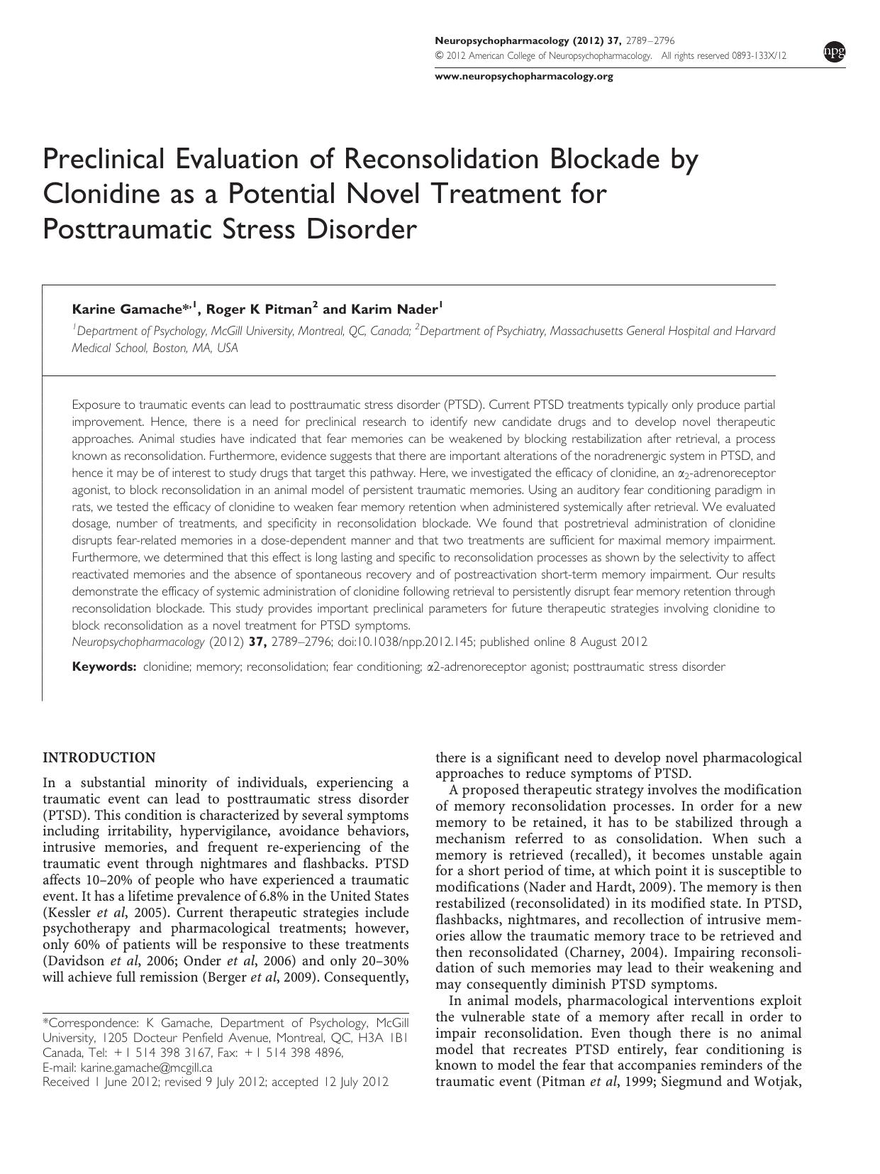 Preclinical Evaluation of Reconsolidation Blockade by Clonidine as a Potential Novel Treatment for Posttraumatic Stress Disorder by Karine Gamache & Roger K Pitman & Karim Nader &