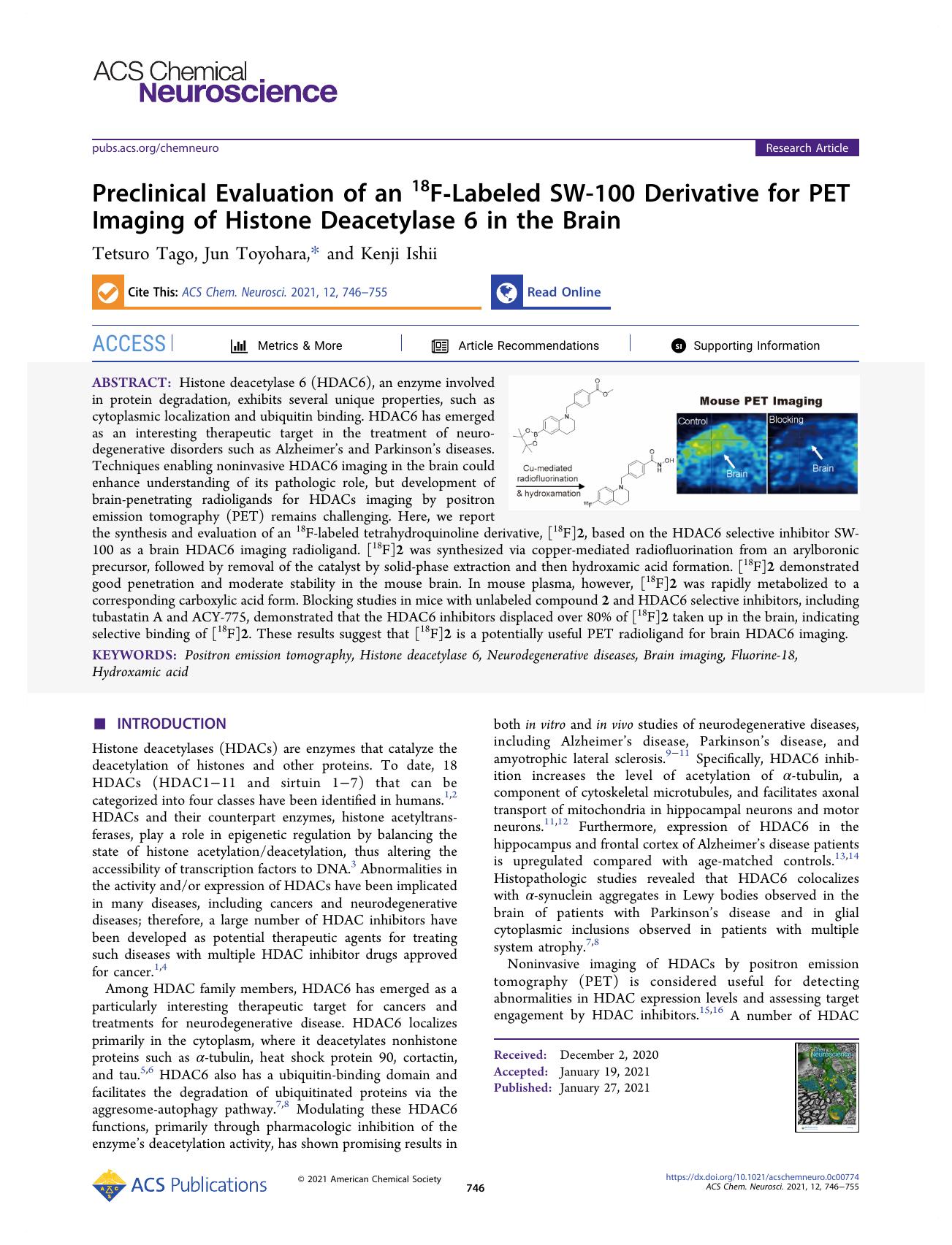 Preclinical Evaluation of an 18F-Labeled SW-100 Derivative for PET Imaging of Histone Deacetylase 6 in the Brain by Tetsuro Tago Jun Toyohara and Kenji Ishii