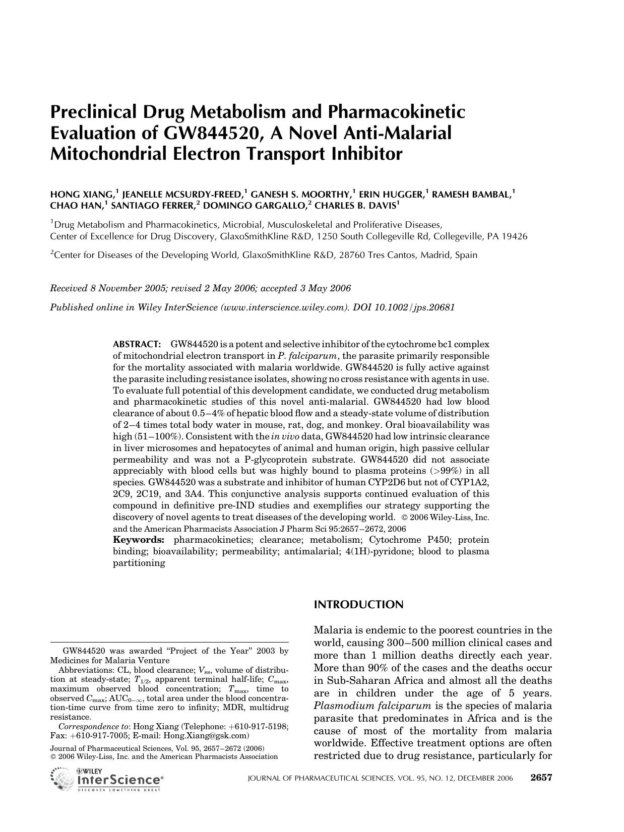 Preclinical drug metabolism and pharmacokinetic evaluation of GW844520, a novel anti-malarial mitochondrial electron transport inhibitor by Unknown