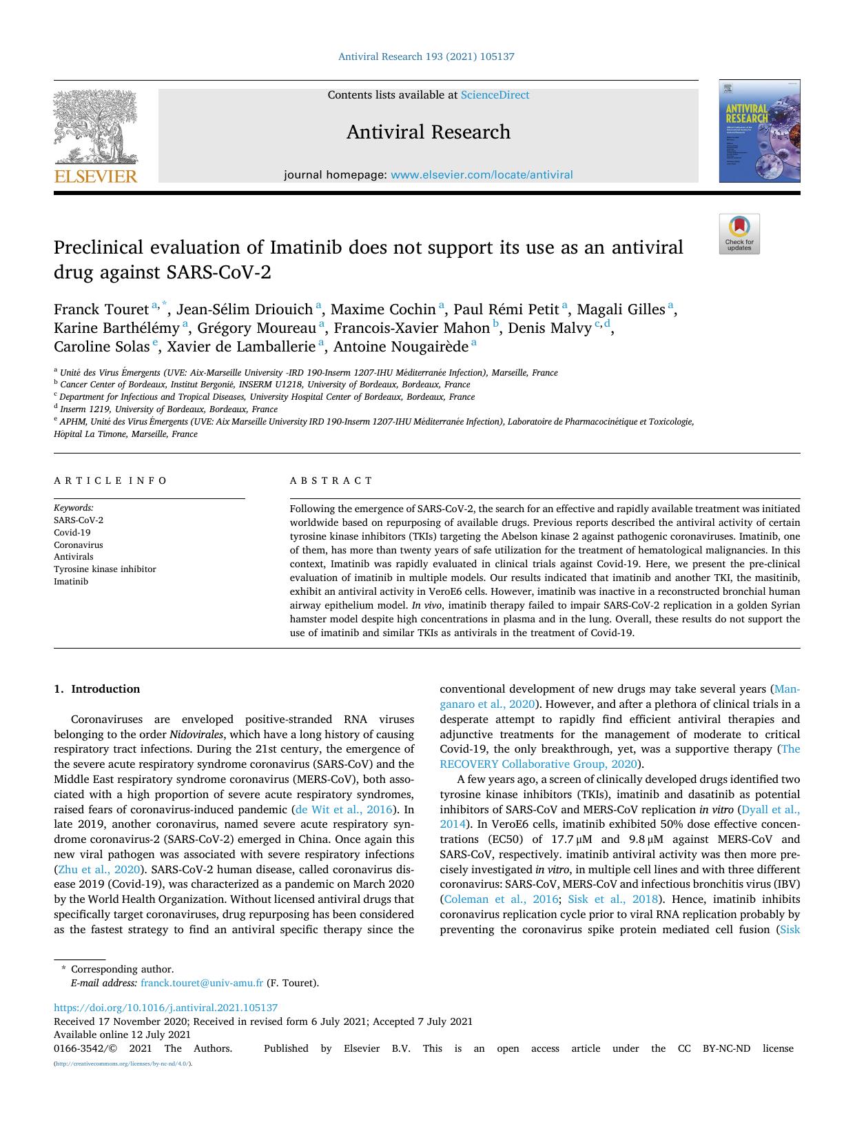 Preclinical evaluation of Imatinib does not support its use as an antiviral drug against SARS-CoV-2 by unknow