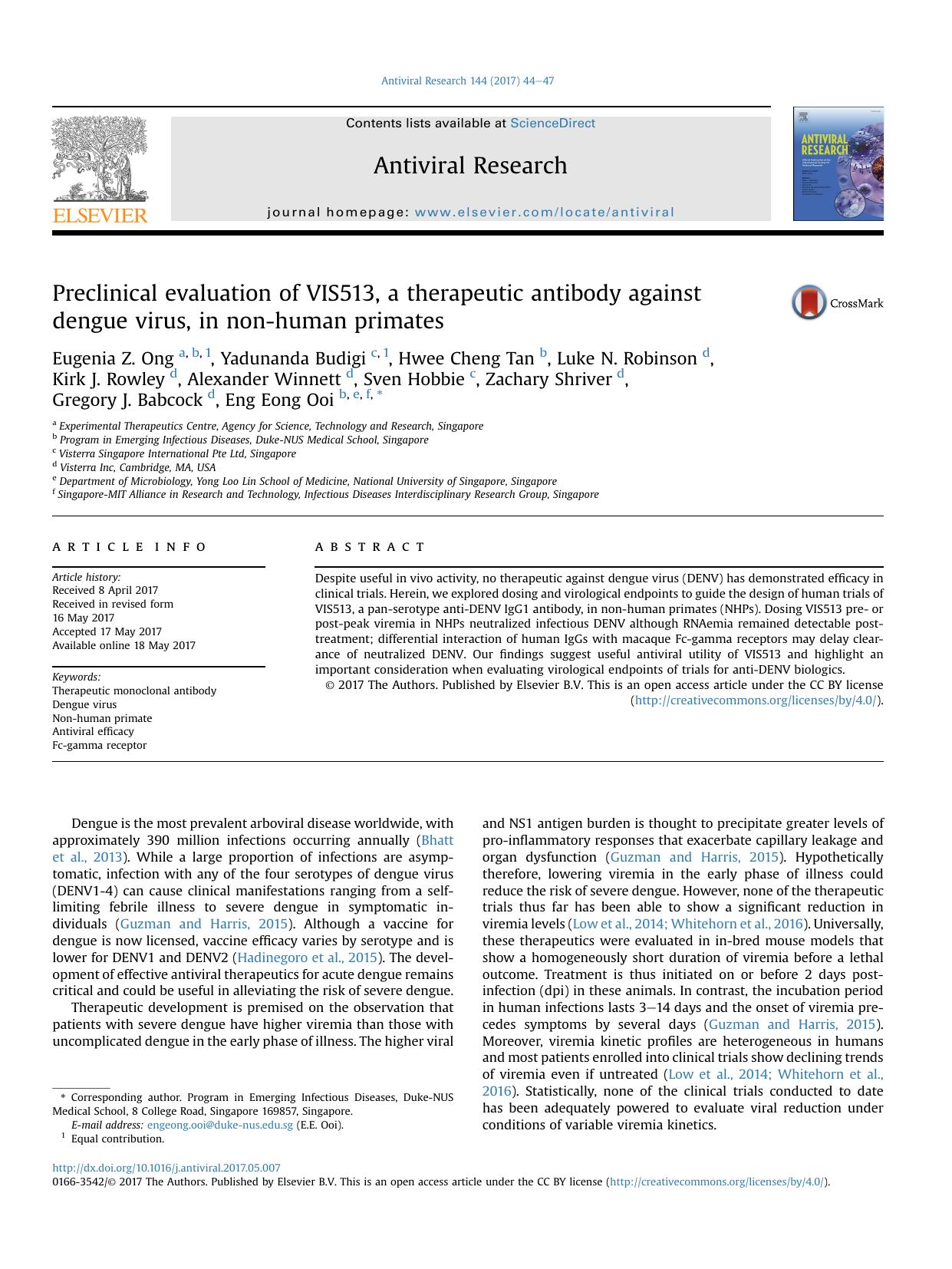 Preclinical evaluation of VIS513, a therapeutic antibody against dengue virus, in non-human primates by unknow