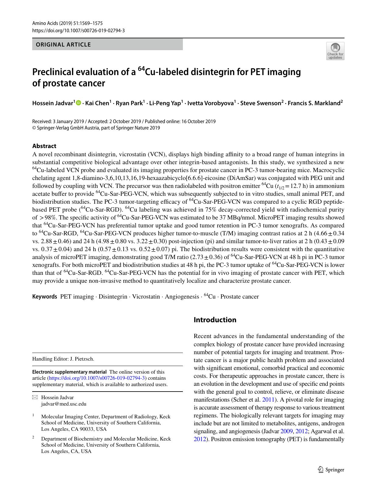 Preclinical evaluation of a 64Cu-labeled disintegrin for PET imaging of prostate cancer by unknow