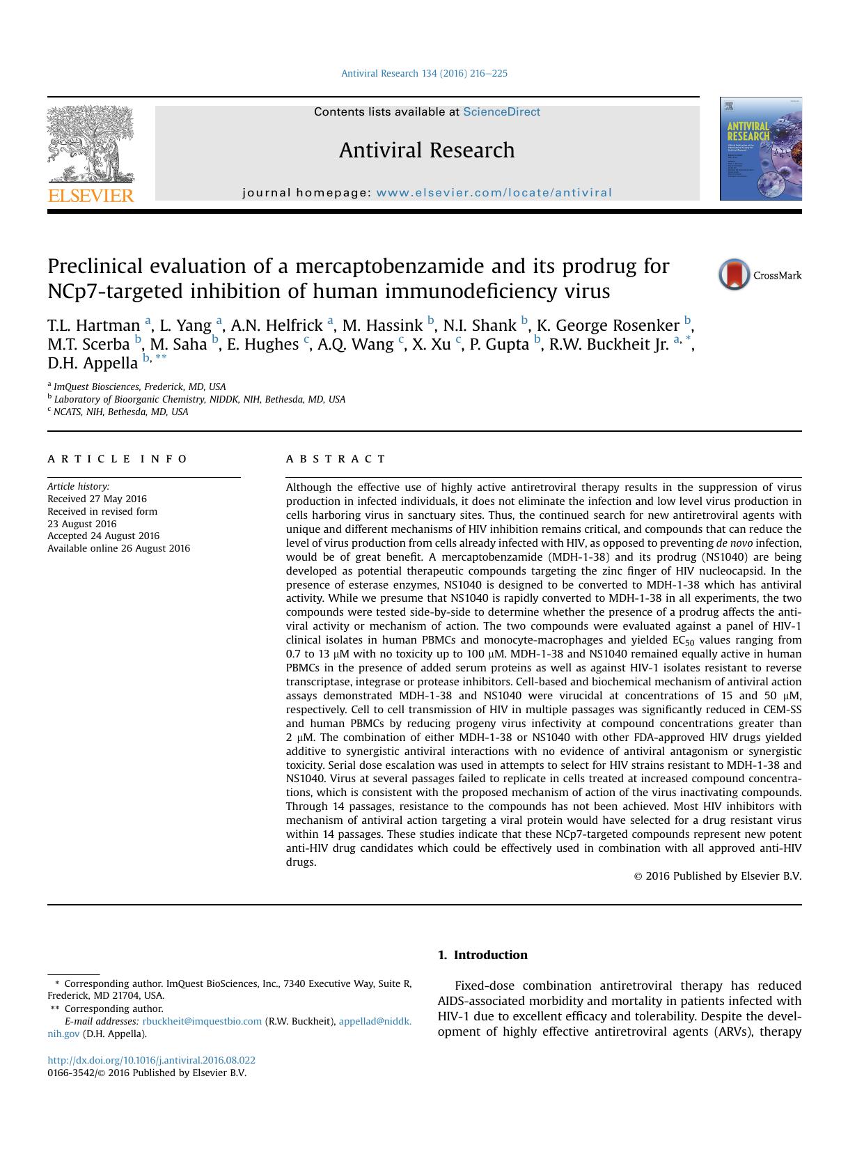 Preclinical evaluation of a mercaptobenzamide and its prodrug for NCp7-targeted inhibition of human immunodeficiency virus by unknow