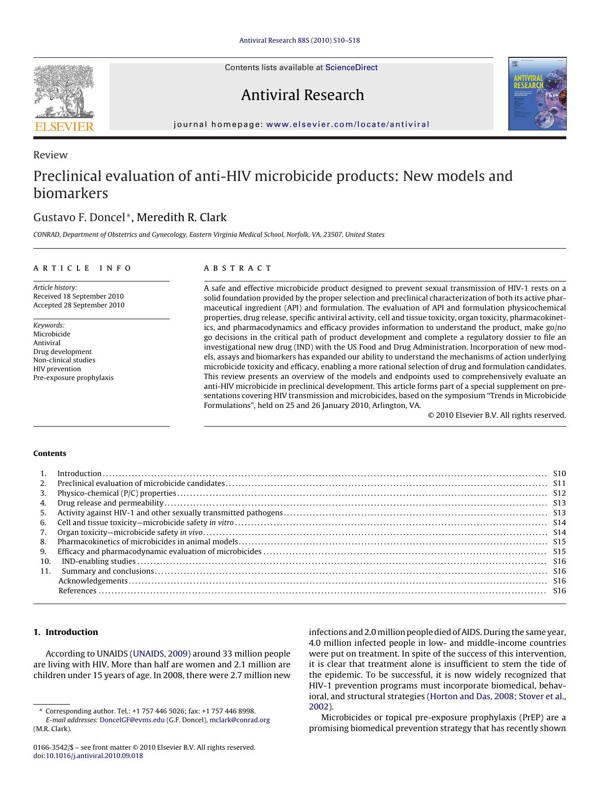 Preclinical evaluation of anti-HIV microbicide products: New models and biomarkers by Gustavo F. Doncel