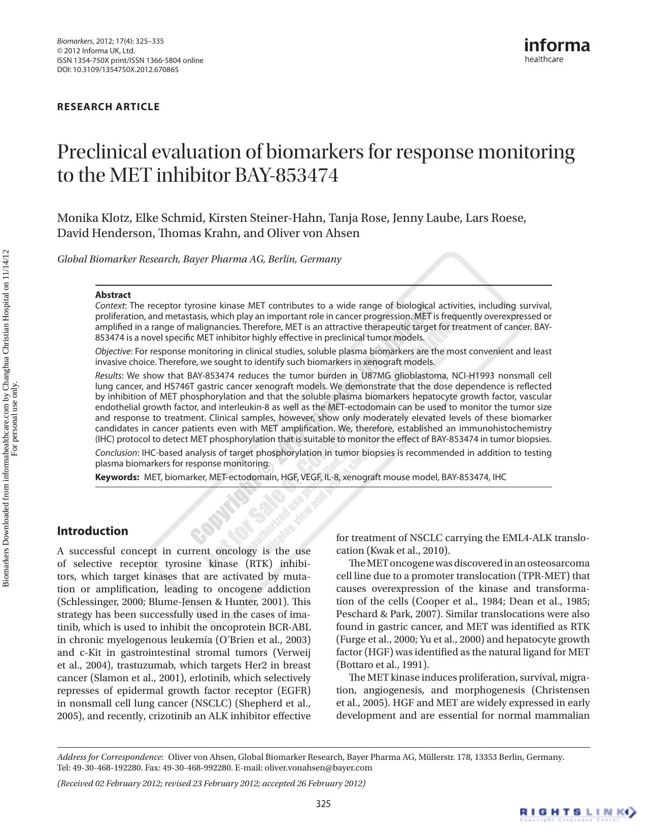 Preclinical evaluation of biomarkers for response monitoring to the MET inhibitor BAY-853474 by unknow