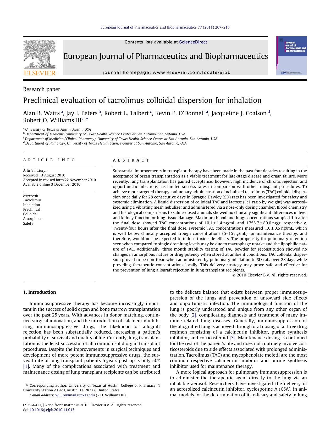 Preclinical evaluation of tacrolimus colloidal dispersion for inhalation by unknow