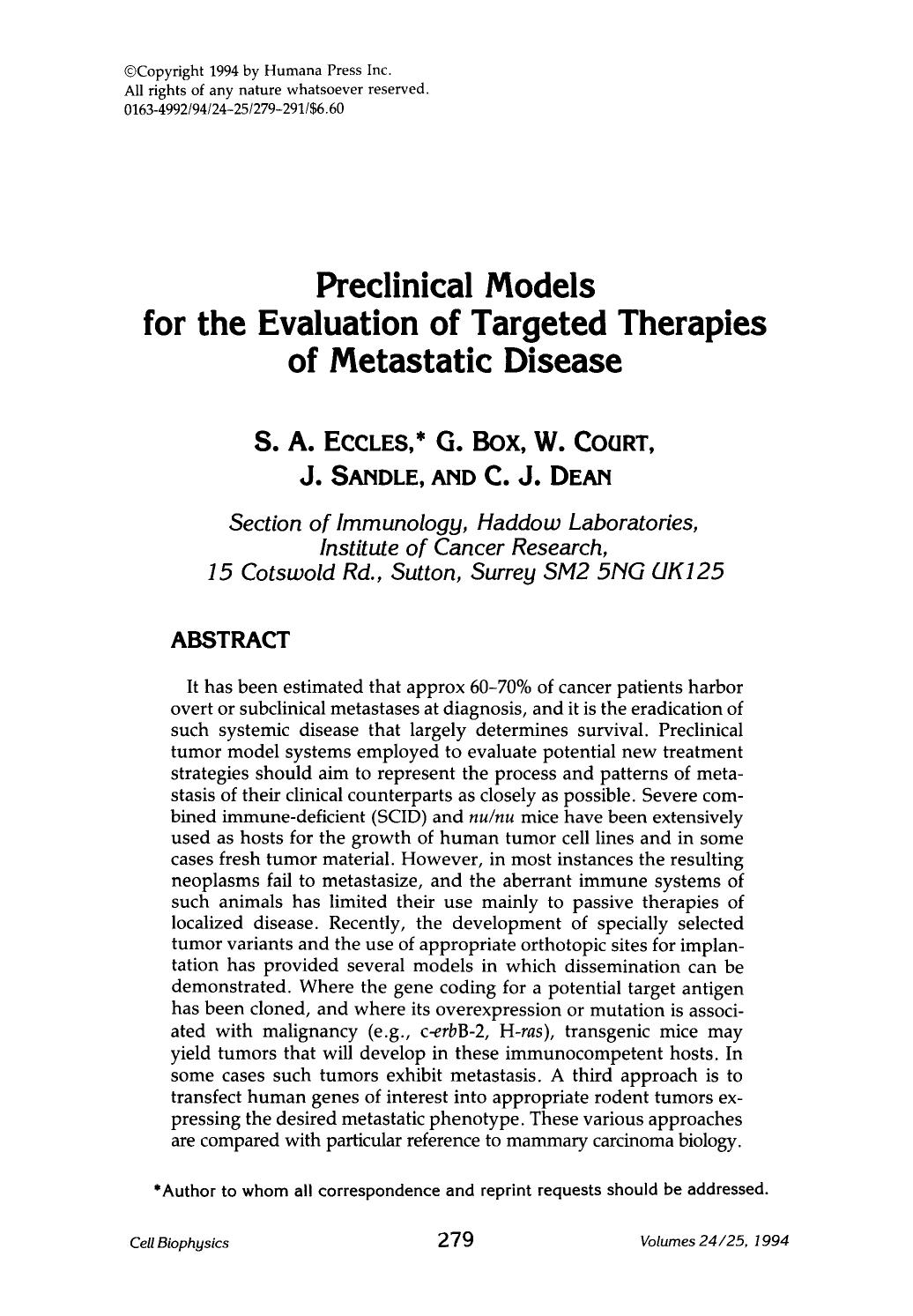 Preclinical models for the evaluation of targeted therapies of metastatic disease by Unknown