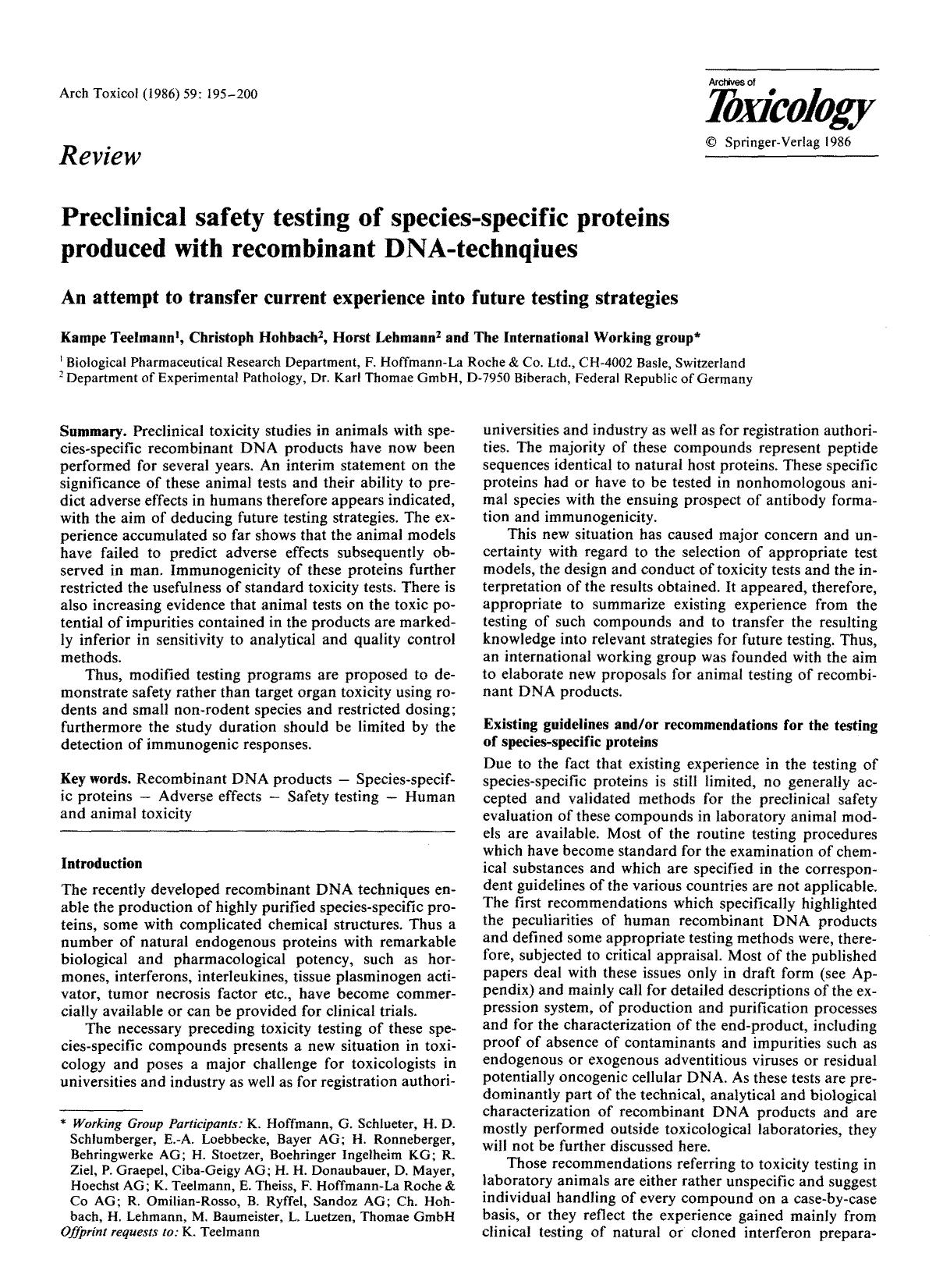 Preclinical safety testing of species-specific proteins produced with recombinant DNA-technqiues by Unknown
