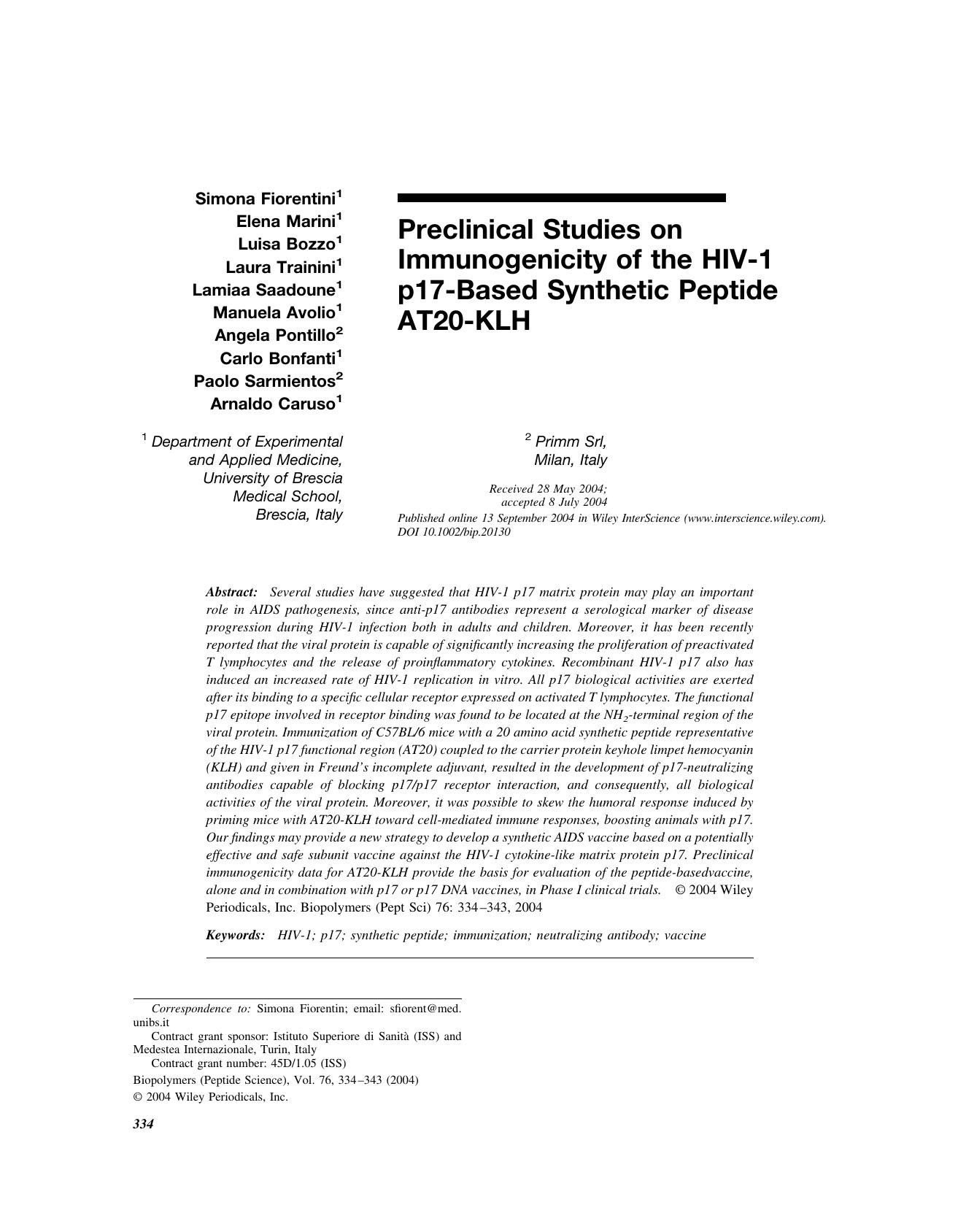 Preclinical studies on immunogenicity of the HIV-1 p17-based synthetic peptide AT20-KLH by Unknown