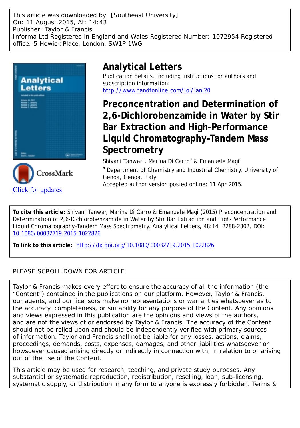 Preconcentration and Determination of 2,6-Dichlorobenzamide in Water by Stir Bar Extraction and High-Performance Liquid Chromatography[?] Tandem Mass Spectrometry by Shivani Tanwar