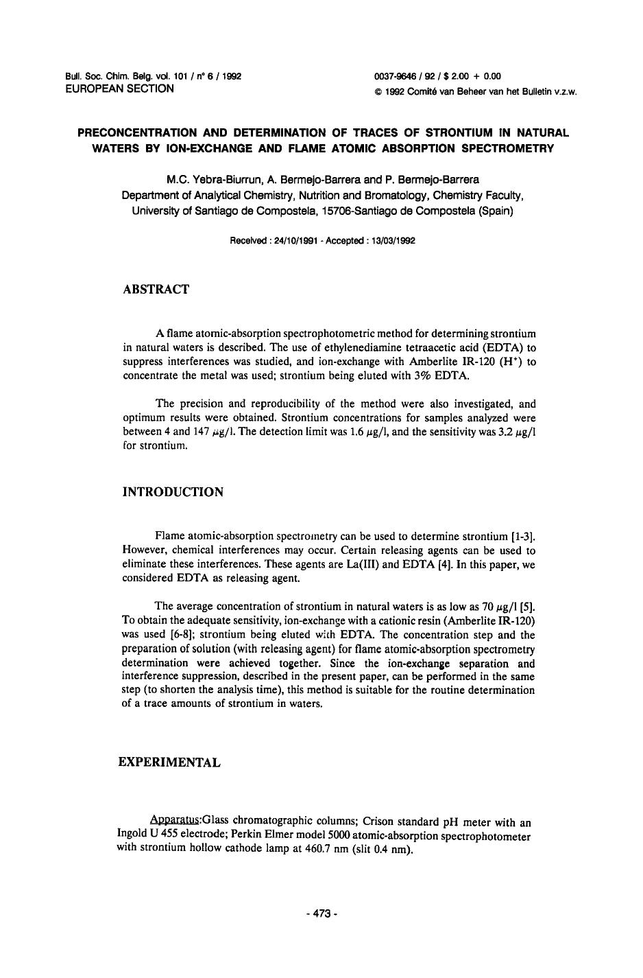Preconcentration and Determination of Traces of Strontium in Natural Waters by IonExchange and Flame Atomic Absorption Spectrometry by Unknown
