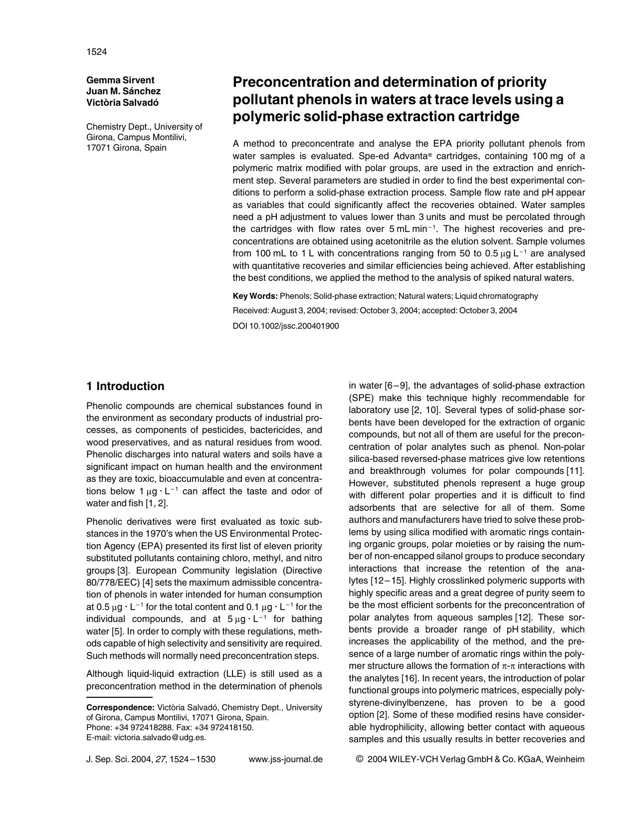 Preconcentration and determination of priority pollutant phenols in waters at trace levels using a polymeric solid-phase extraction cartridge by Unknown