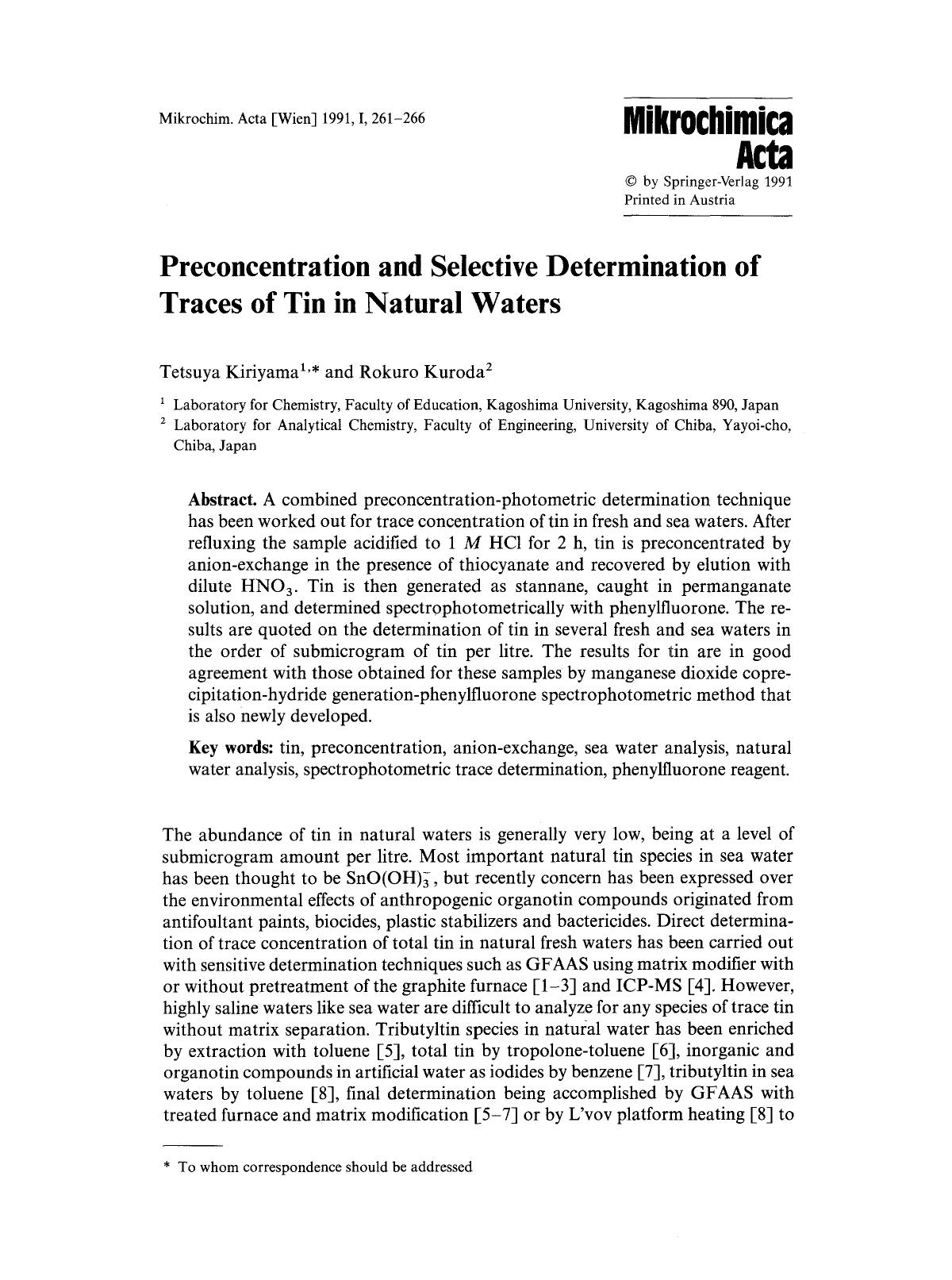 Preconcentration and selective determination of traces of tin in natural waters by Unknown