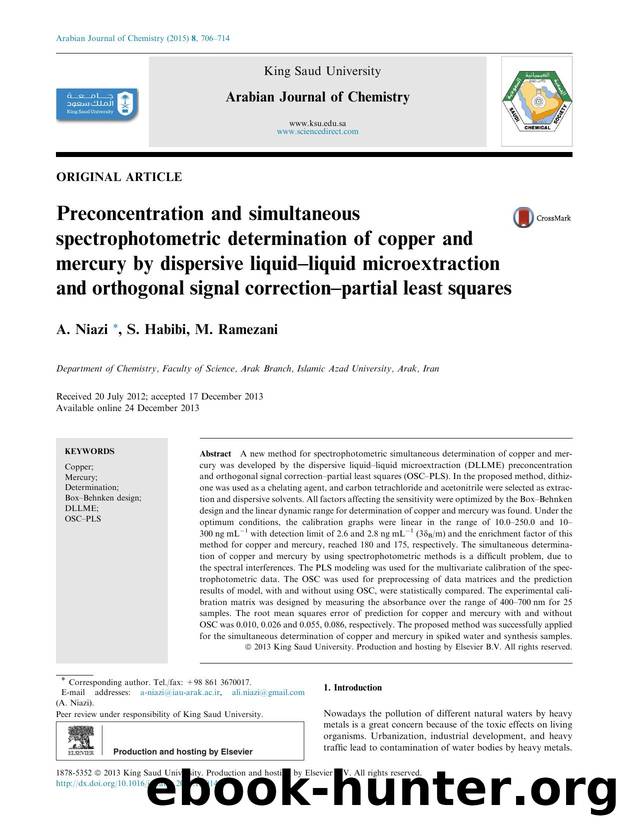 Preconcentration and simultaneous spectrophotometric determination of copper and mercury by dispersive liquidÃ¢â¬âliquid microextraction and orthogonal signal correctionÃ¢â¬â by A. Niazi & S. Habibi & M. Ramezani
