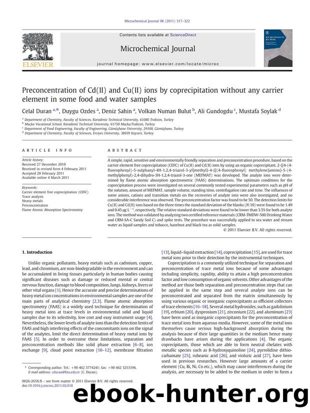 Preconcentration of Cd(II) and Cu(II) ions by coprecipitation without any carrier element in some food and water samples by Celal Duran & Duygu Ozdes & Deniz Sahin & Volkan Numan Bulut & Ali Gundogdu & Mustafa Soylak