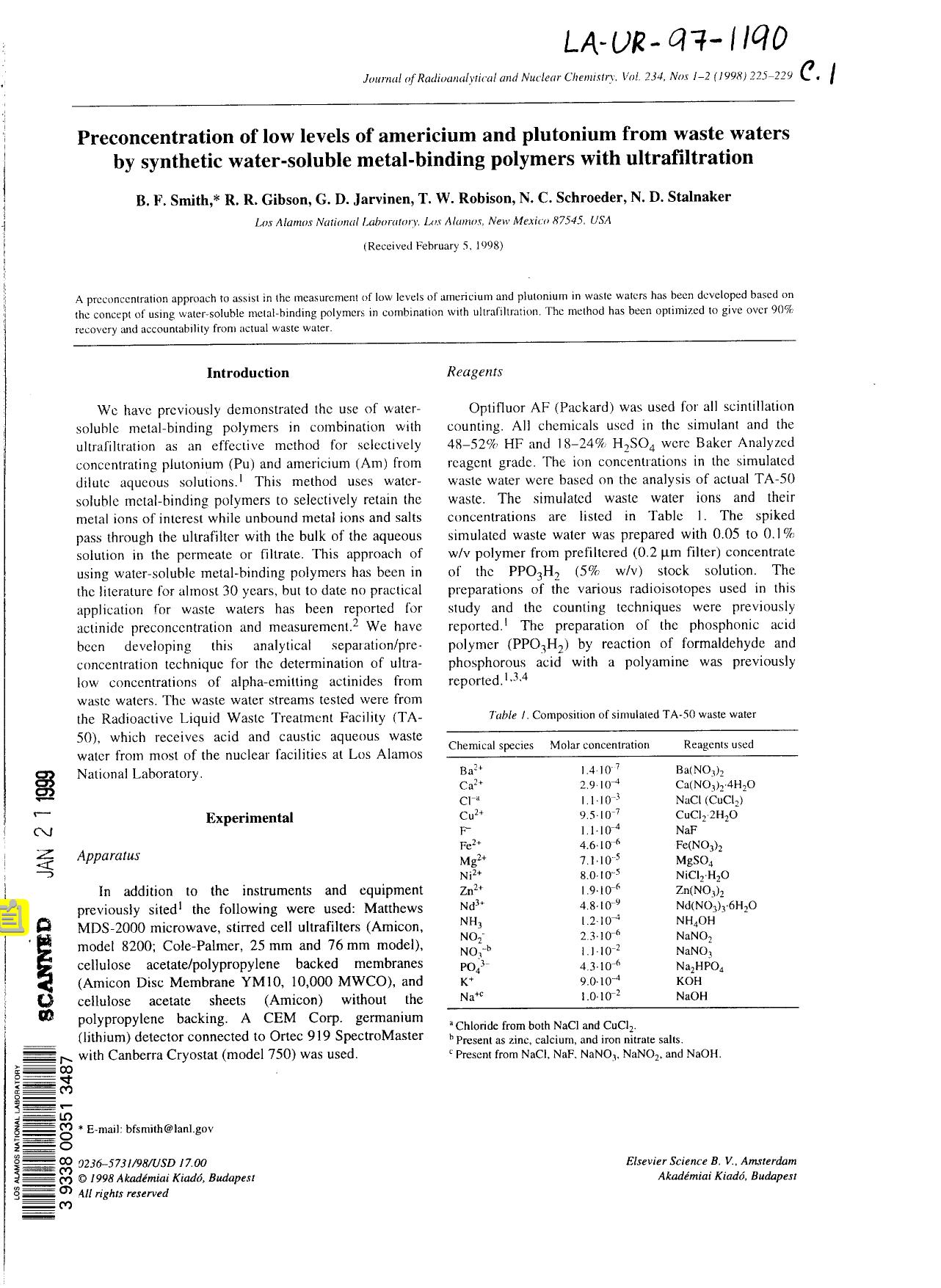 Preconcentration of low levels of americium and plutonium from waste waters by synthetic water-soluble metal-binding polymers with ultrafiltration None by LANL Research Library LWW Project