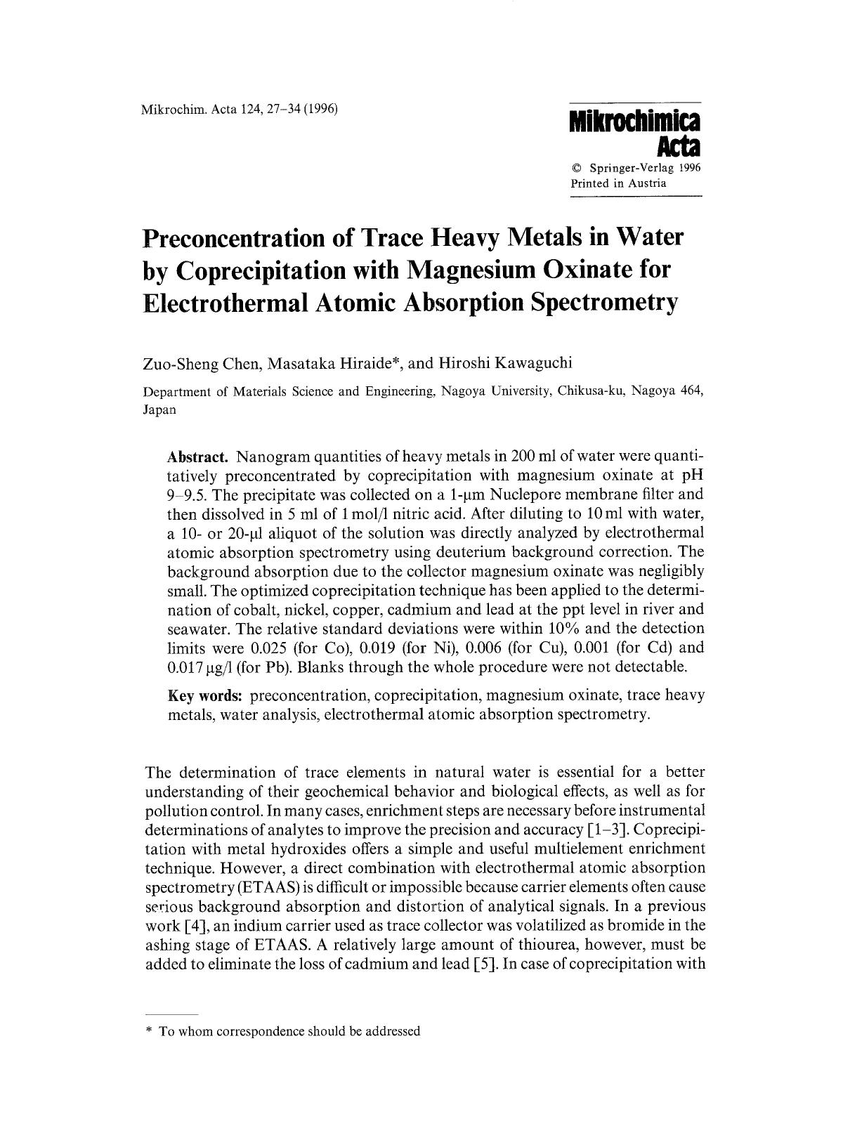 Preconcentration of trace heavy metals in water by coprecipitation with magnesium oxinate for electrothermal atomic absorption spectrometry by Unknown