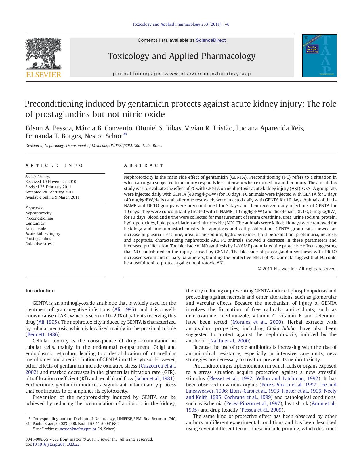 Preconditioning induced by gentamicin protects against acute kidney injury: The role of prostaglandins but not nitric oxide by Edson A. Pessoa