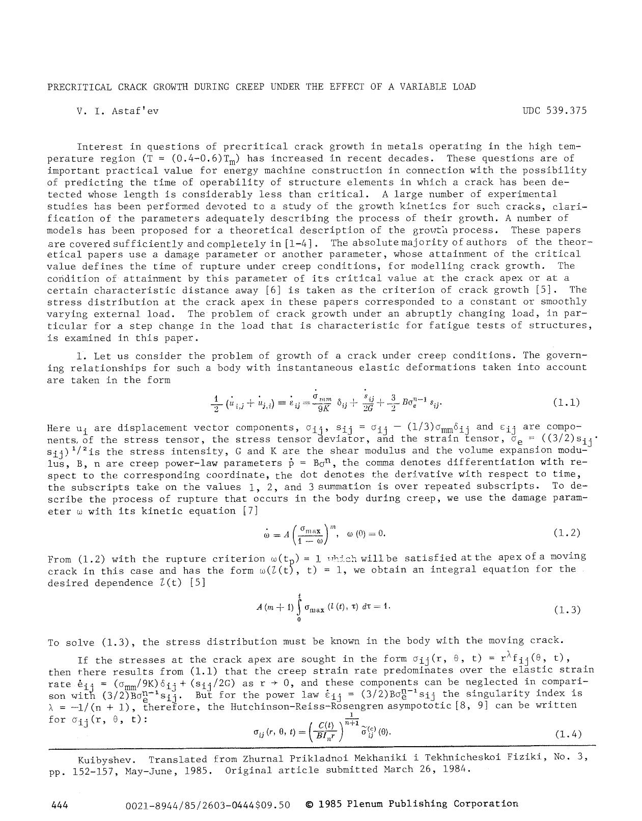 Precritical crack growth during creep under the effect of a variable load by Unknown