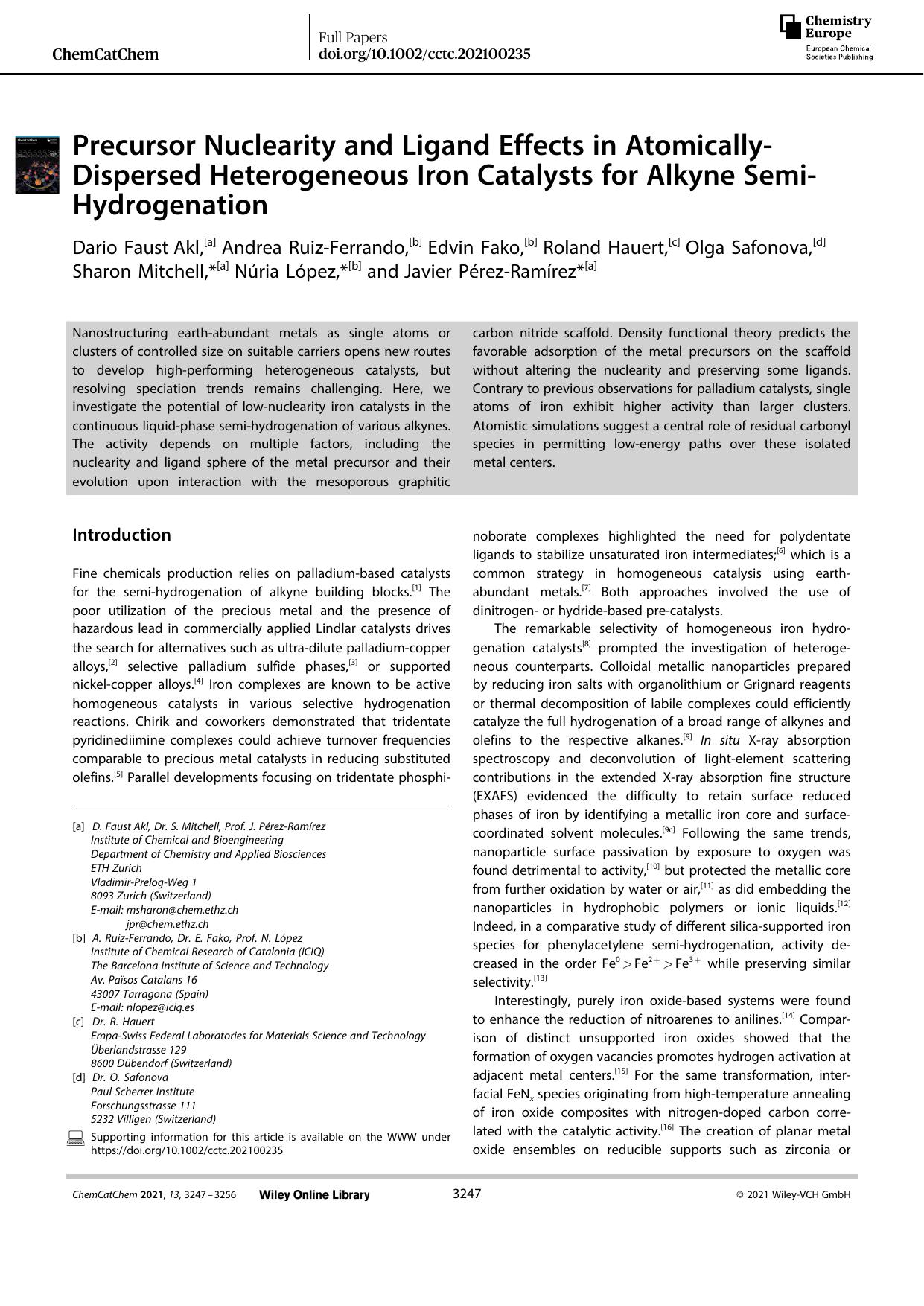 Precursor Nuclearity and Ligand Effects in AtomicallyâDispersed Heterogeneous Iron Catalysts for Alkyne SemiâHydrogenation by Unknown