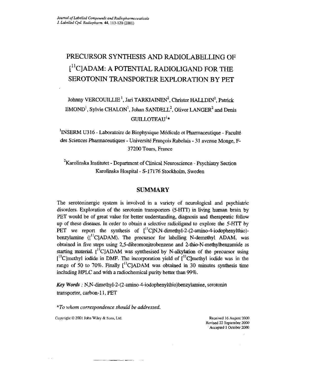 Precursor synthesis and radiolabelling of [11C]ADAM: a potential radioligand for the serotonin transporter exploration by PET by Unknown