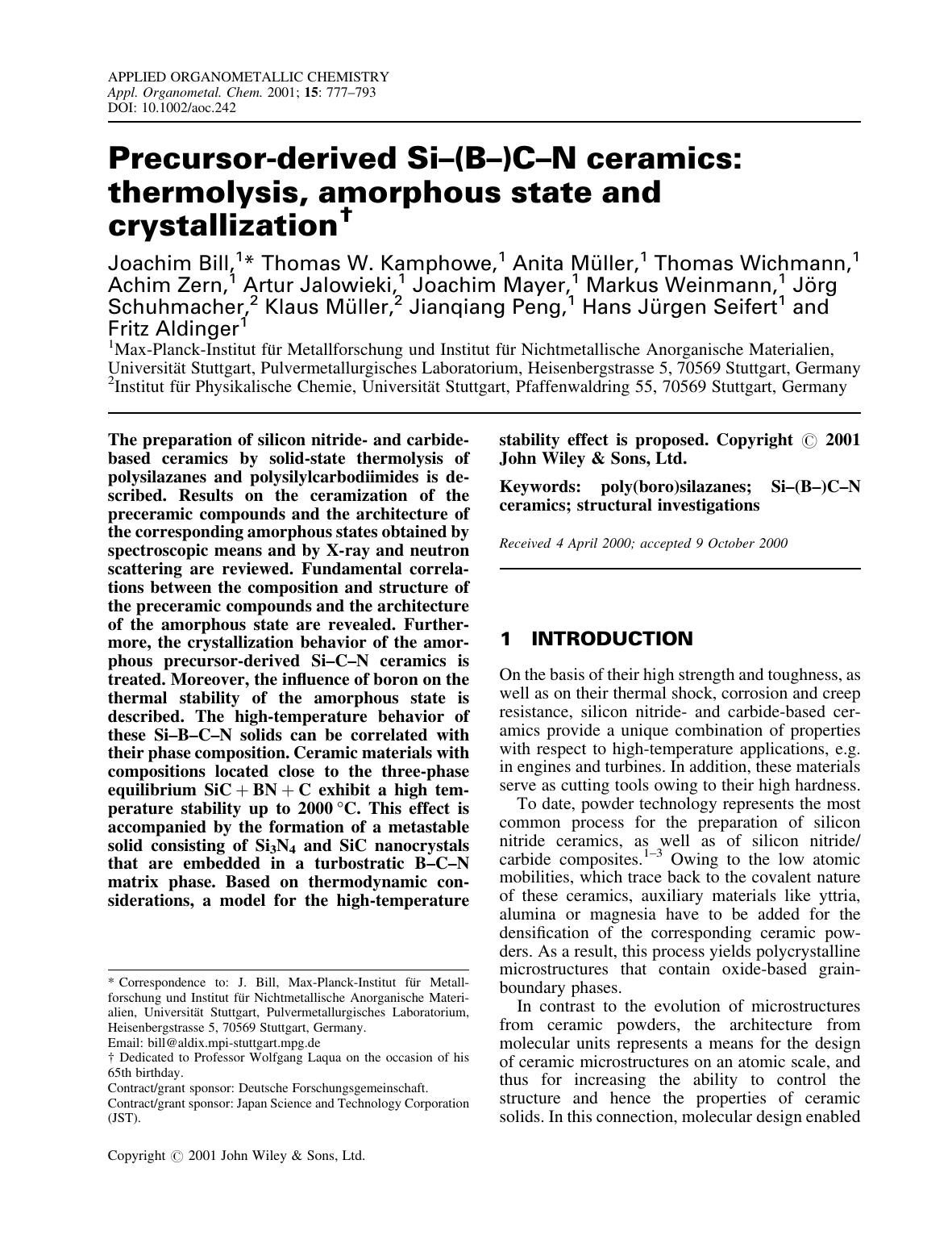 Precursor-derived Si-(B-)C-N ceramics: thermolysis, amorphous state and crystallization by Unknown