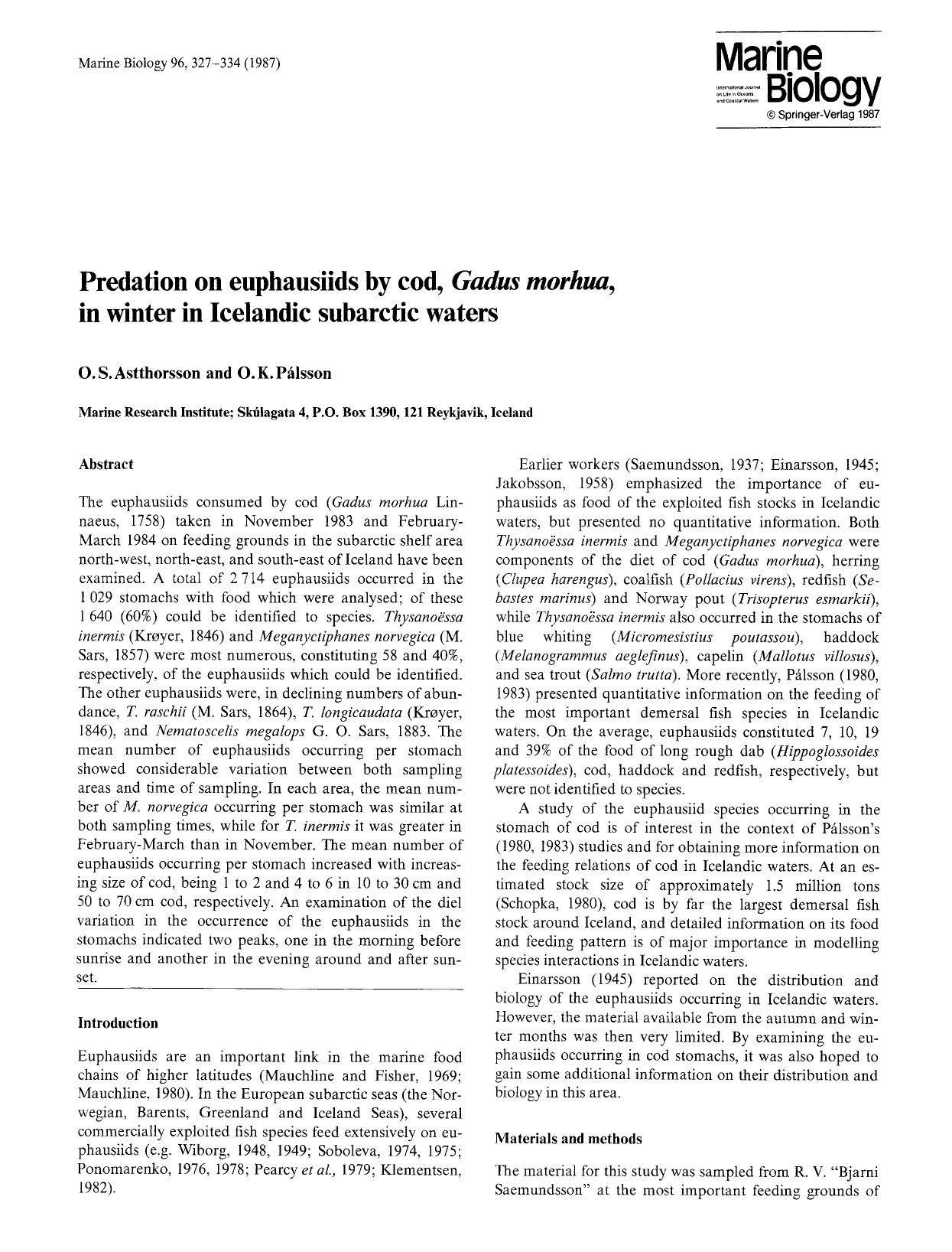 Predation on euphausiids by cod, <Emphasis Type="Italic">Gadus morhua<Emphasis>, in winter in Icelandic subarctic waters by Unknown