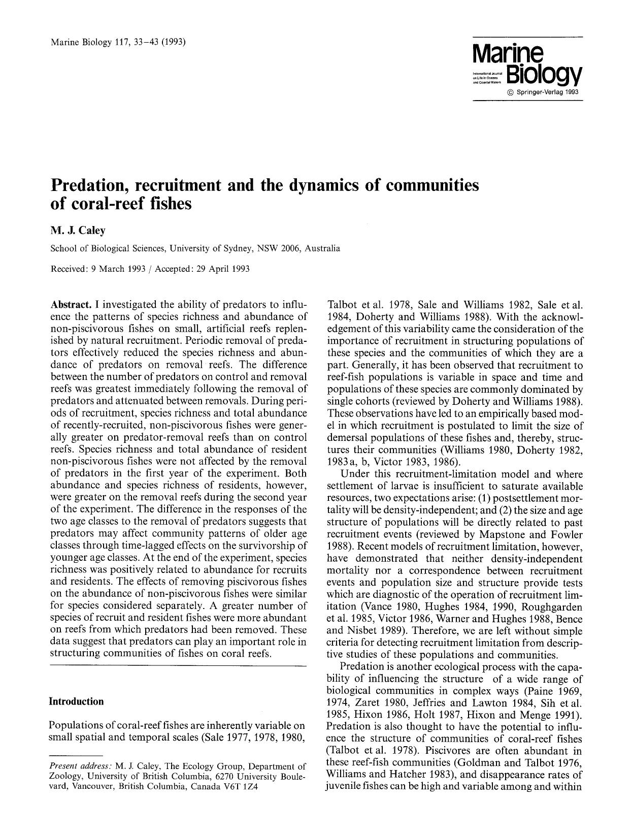 Predation, recruitment and the dynamics of communities of coral-reef fishes by Unknown